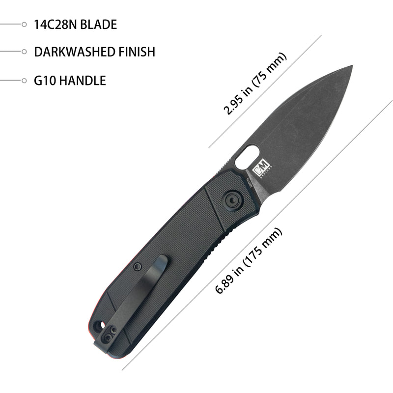 Hyde Liner Lock Folding Knife Black G10 Handle 2.95" Blackwash 14C28N KU2104H