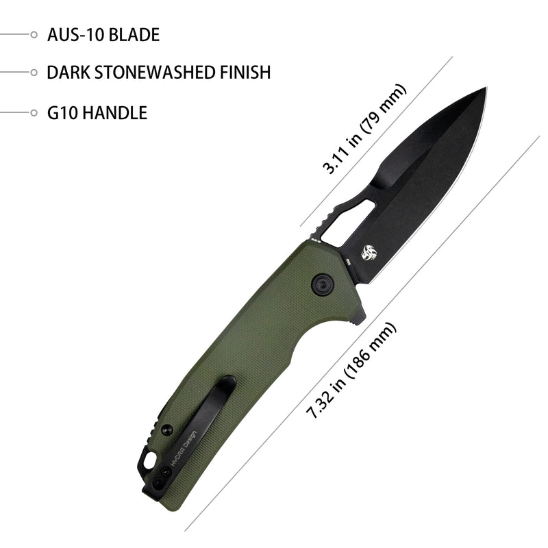 RDF Pocket Knife with Button Lock, Full-Contoured Green G-10 Handle 3.11" Blackwash AUS-10 Blade, Lightweight Hydra Designed Folding Knife for EDC KU316B