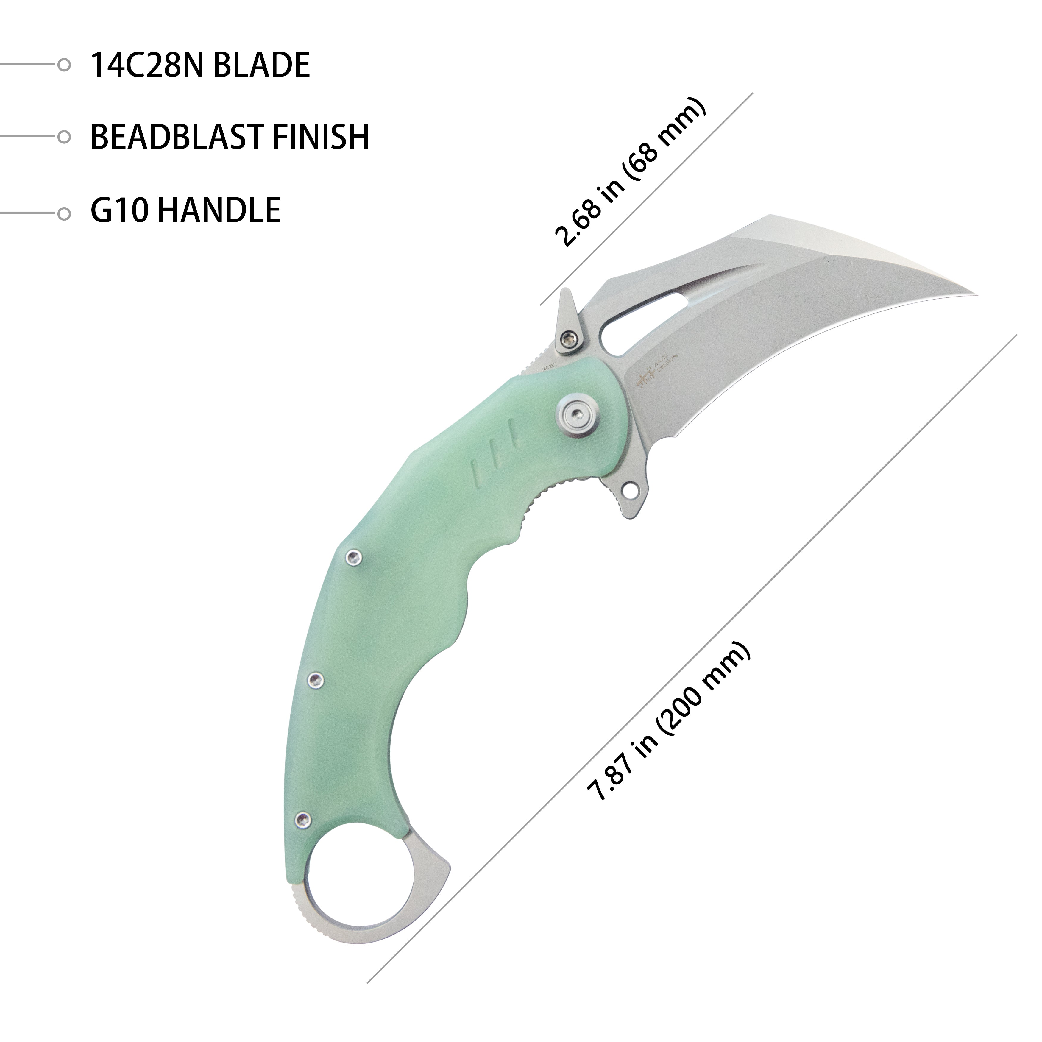 Kubey Wrath Karambit Folding Knife Jade G-10 Handle 2.68" Beadblast 14C28N Blade KU261I