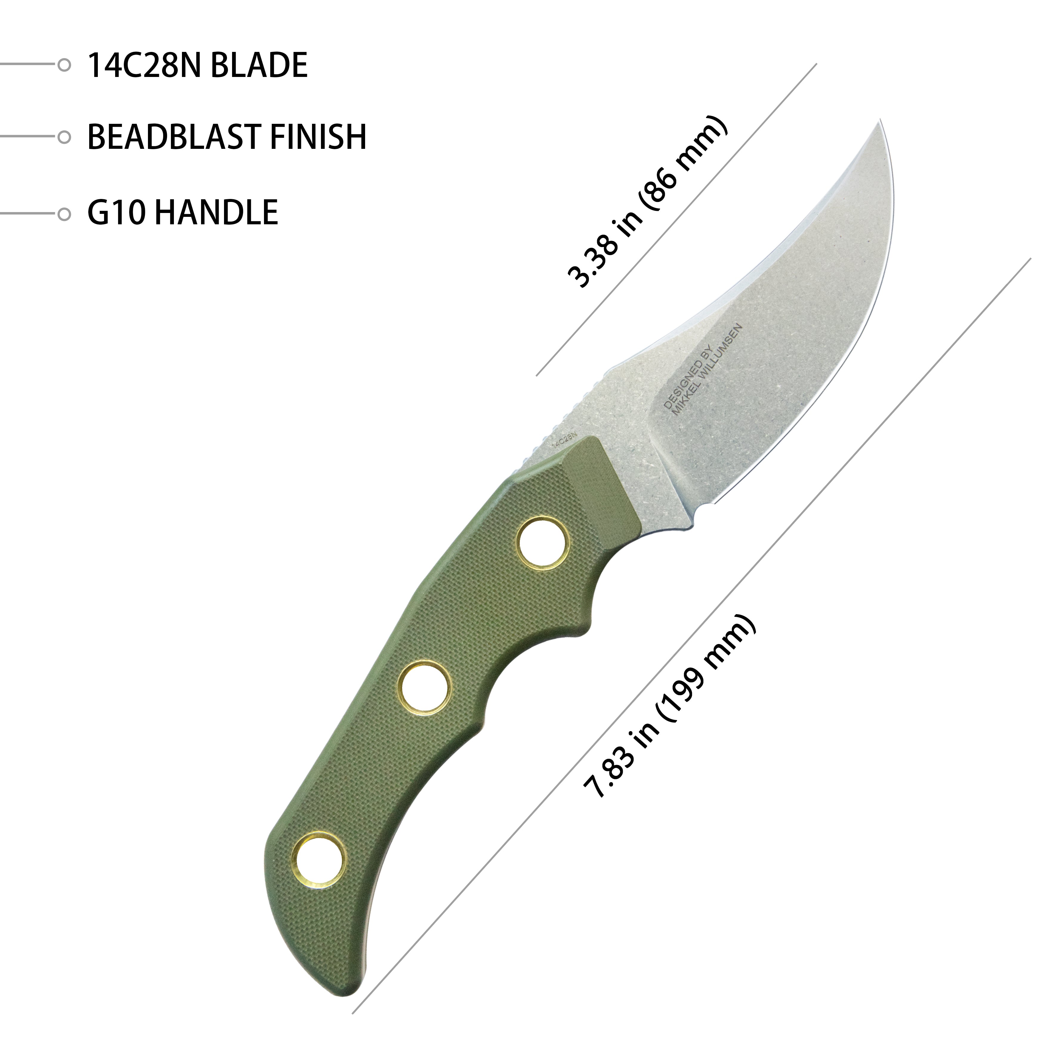 Mikkel Willumsen Design Blade Hunter Clip Point EDC Fixed Blade Knife Green G10 Handle 3.38" Beadblast 14C28N KU375C