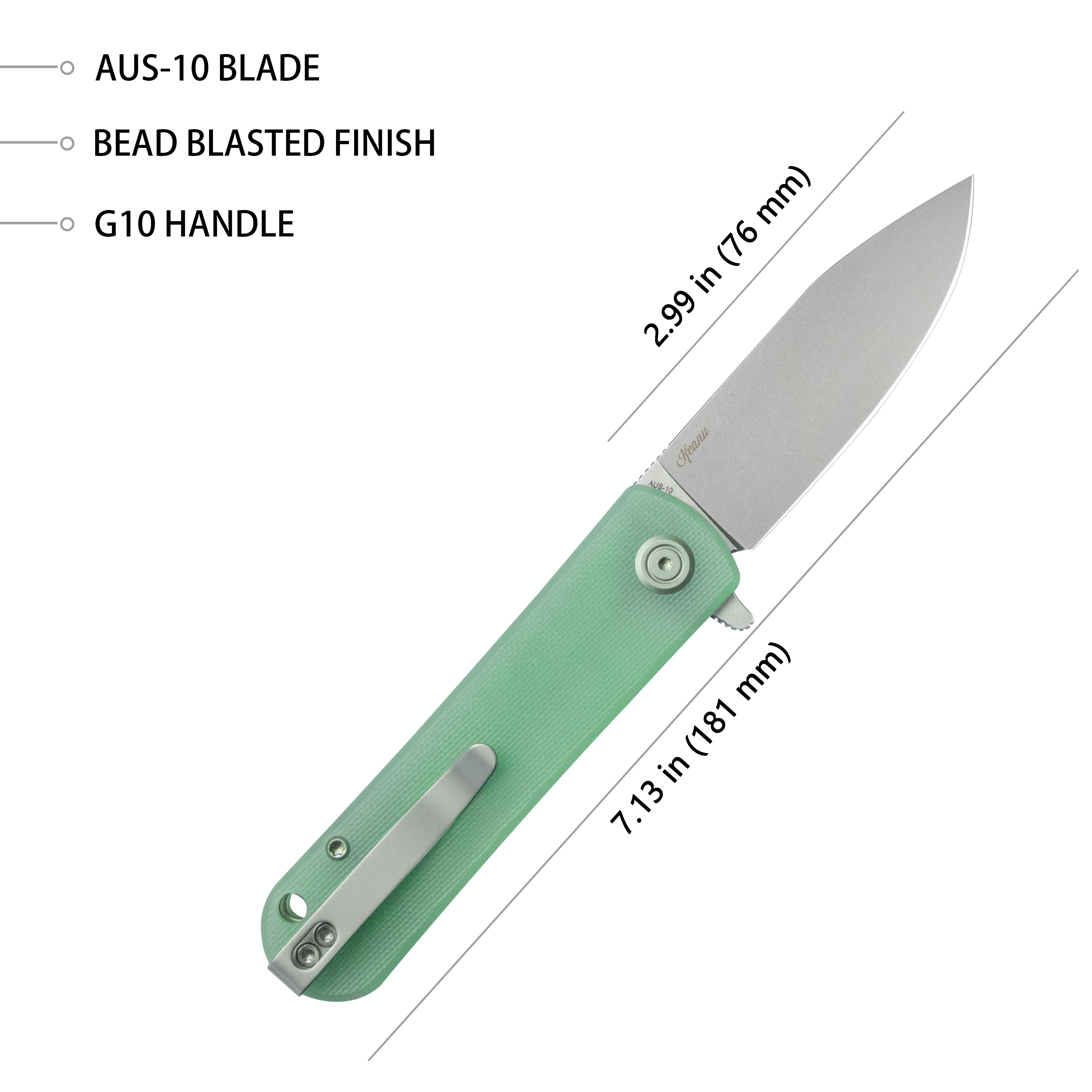 NEO Outdoor Folding Pocket Knife Jade G10 Handle 3.43" Beadblast AUS-10 KU371C