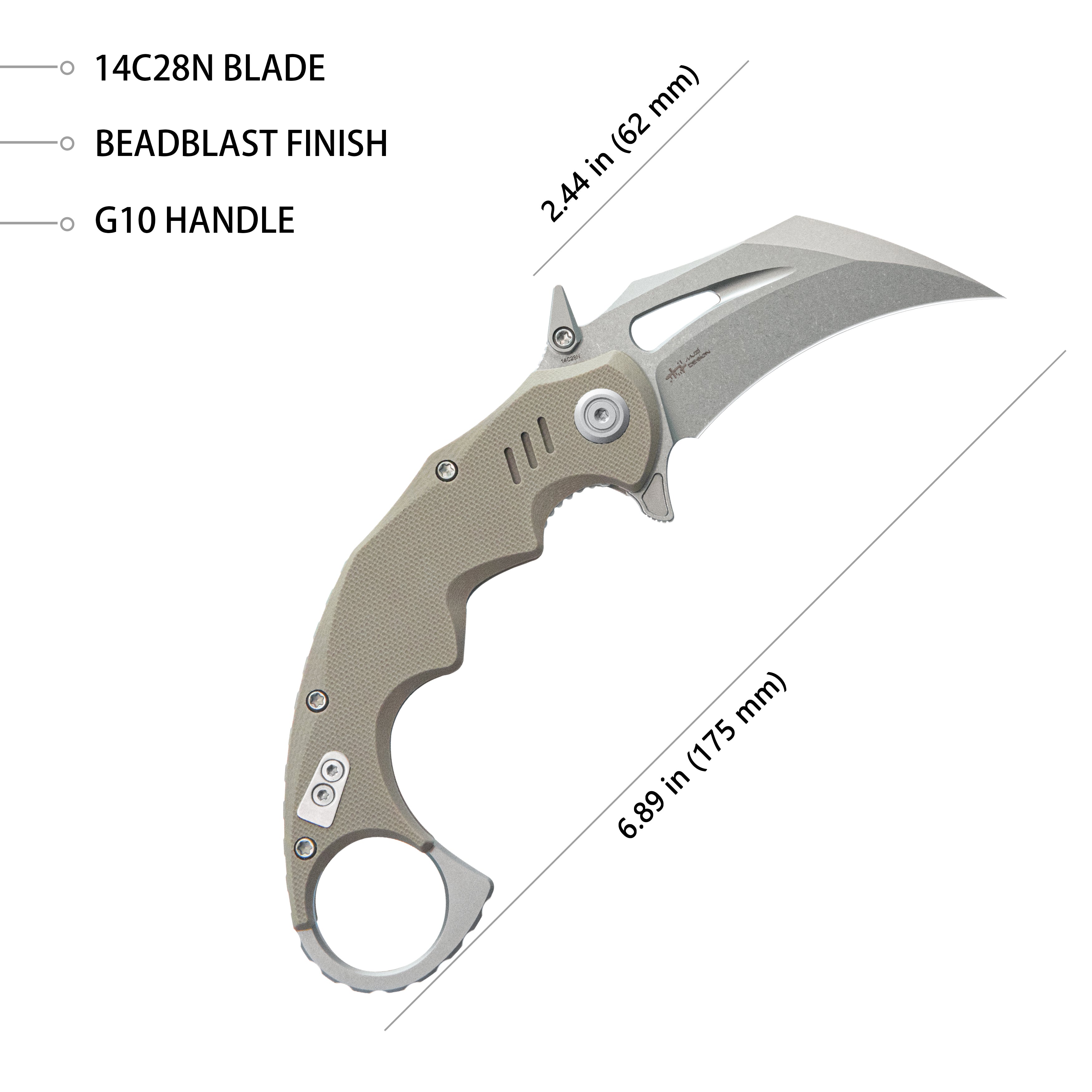 Kubey Mini Wrath Karambit Folding Knife Tan G-10 Handle 2.44" Beadblast 14C28N Blade KU262C