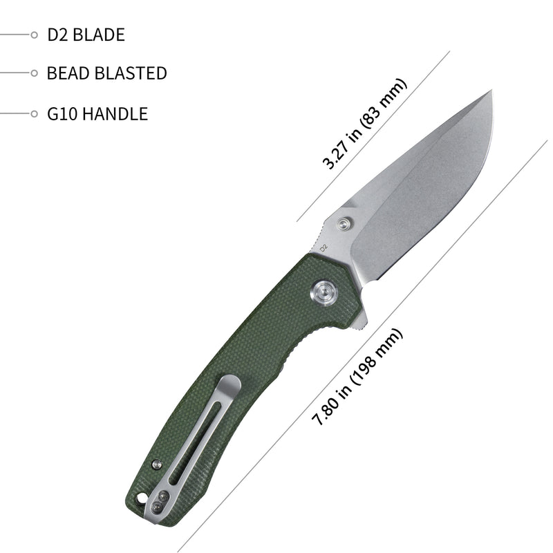 Calyce Liner Lock Flipper Folding Knife Green Micarta Handle 3.27" Bead Blasted D2 KU901C