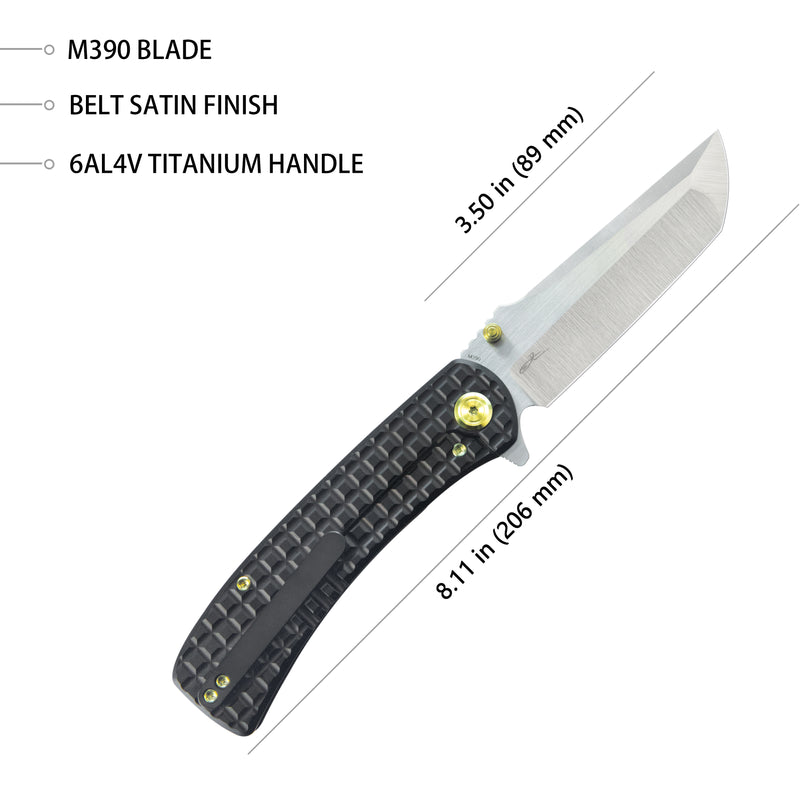 Interflow Tactical Folding Knife Flipper Folder Black Titanium Handle 3.50" Belt Satin Bohler M390 Blade KB294C