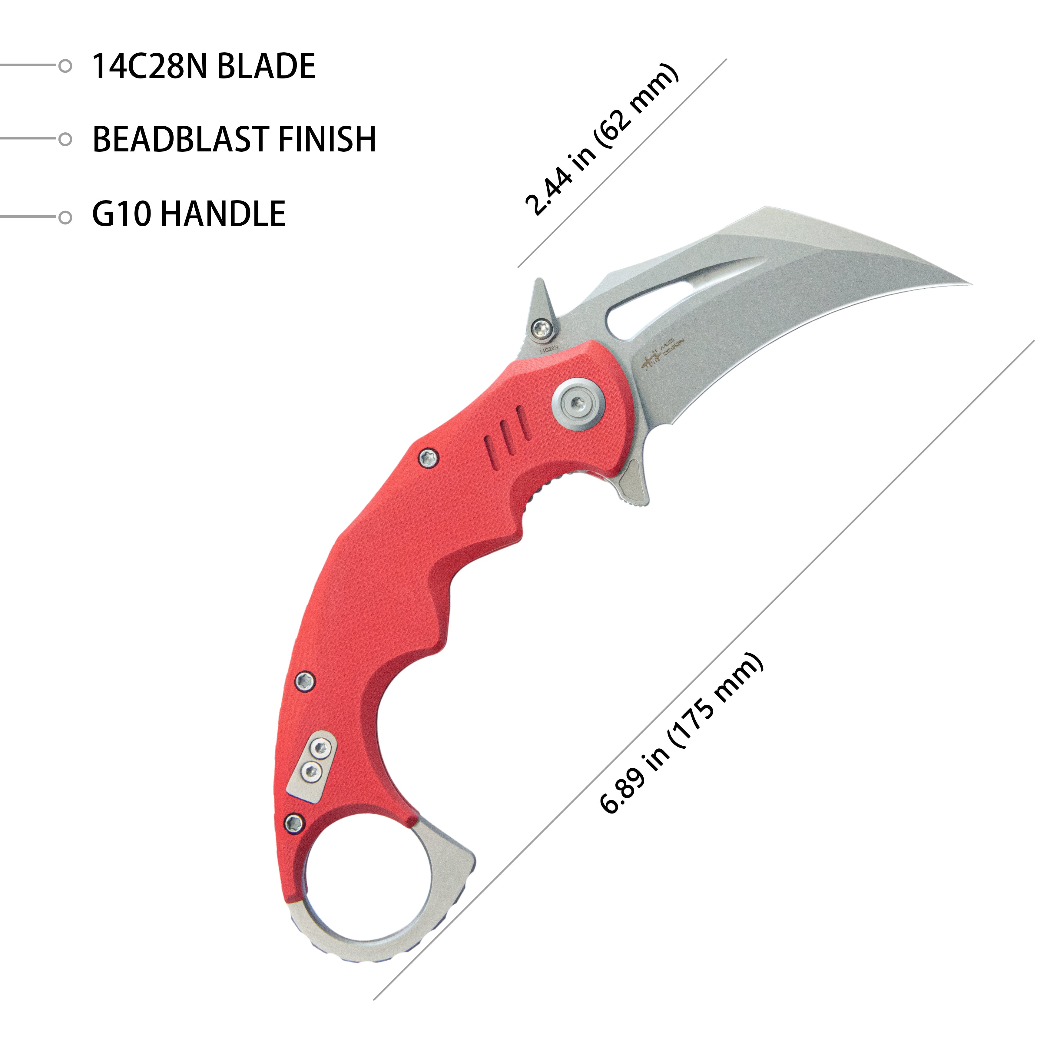 Kubey Mini Wrath Karambit Folding Knife Red G-10 Handle 2.44" Beadblast 14C28N Blade KU262D