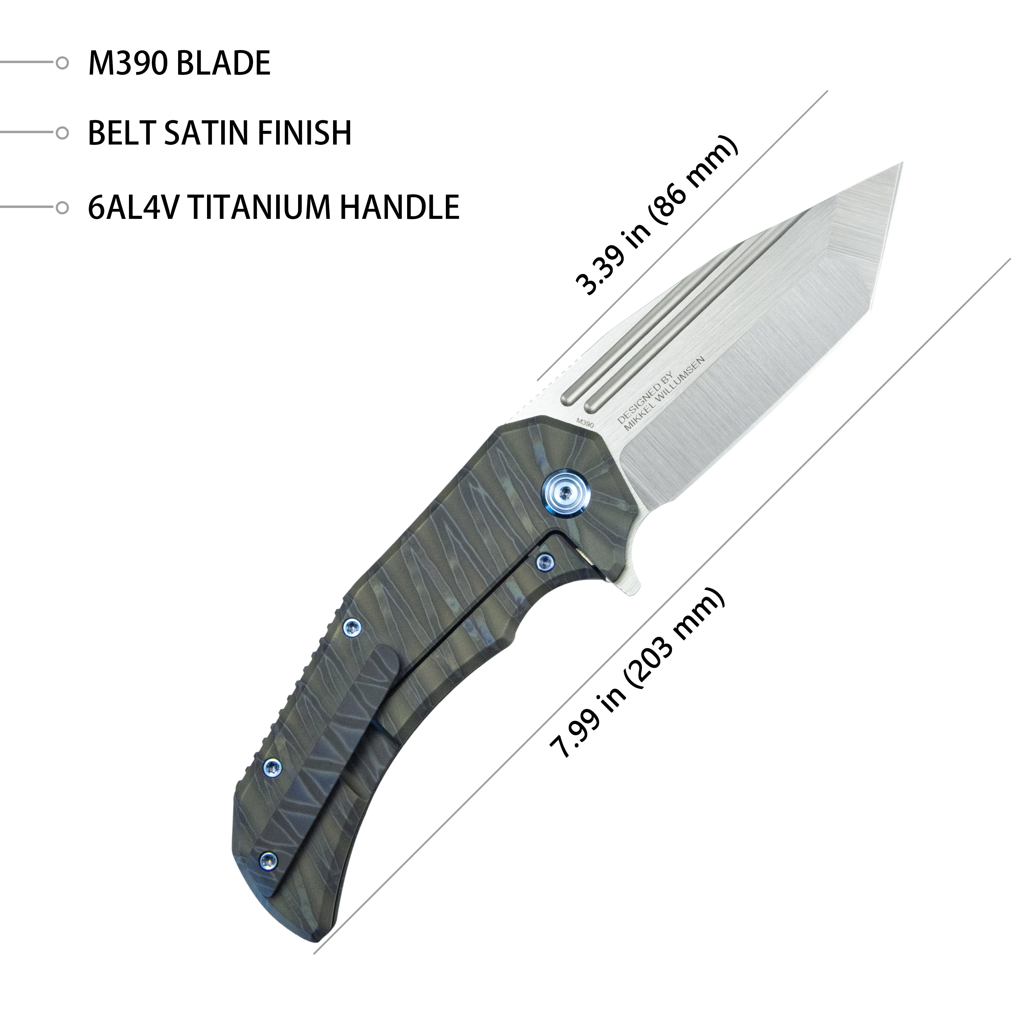 Mikkel Willumsen Design Bravo one Frame Tactical Folding Knife 6AL4V Titanium 3.39" Belt Satin Boher M390 KB366B