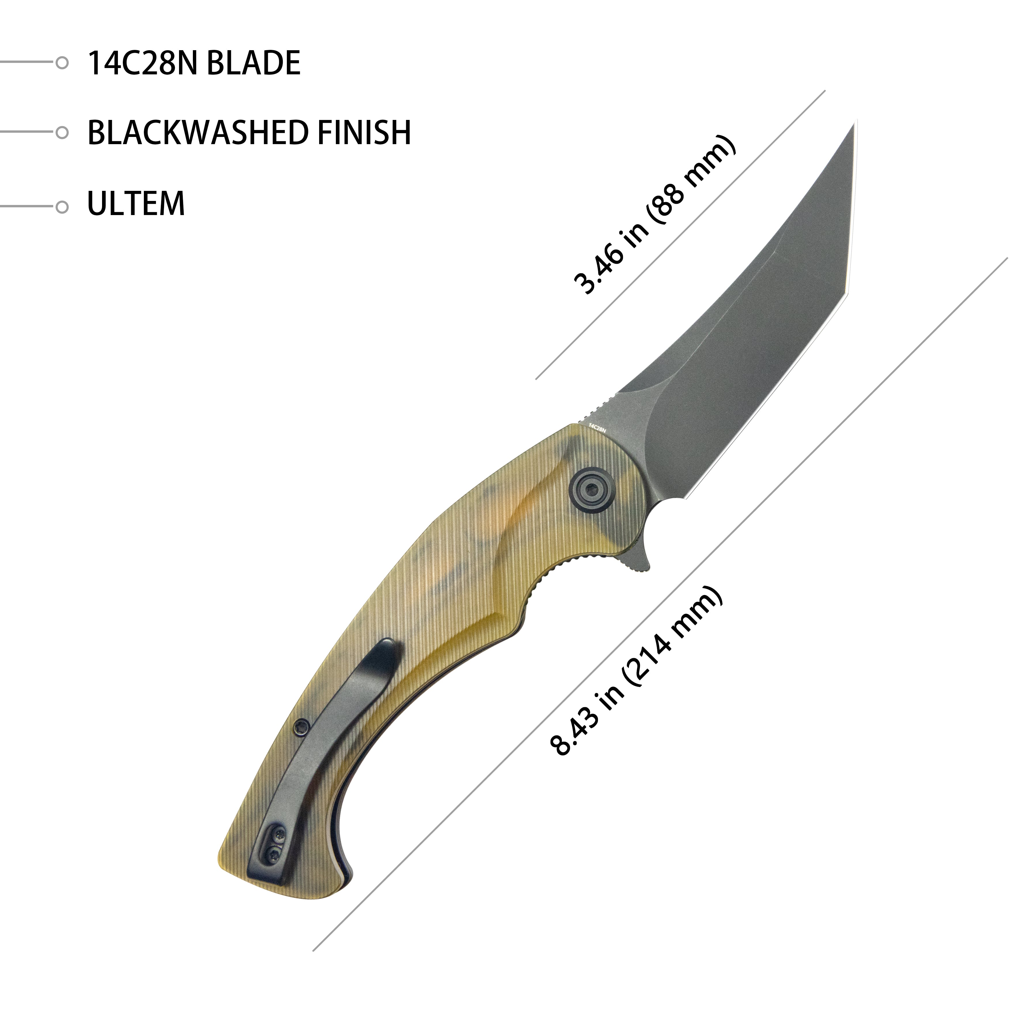 Kubey Scimitar Tanto Liner Lock Hunting Folding Knife Ultem Handle 3.46" Blackwash 14C28N KU175D