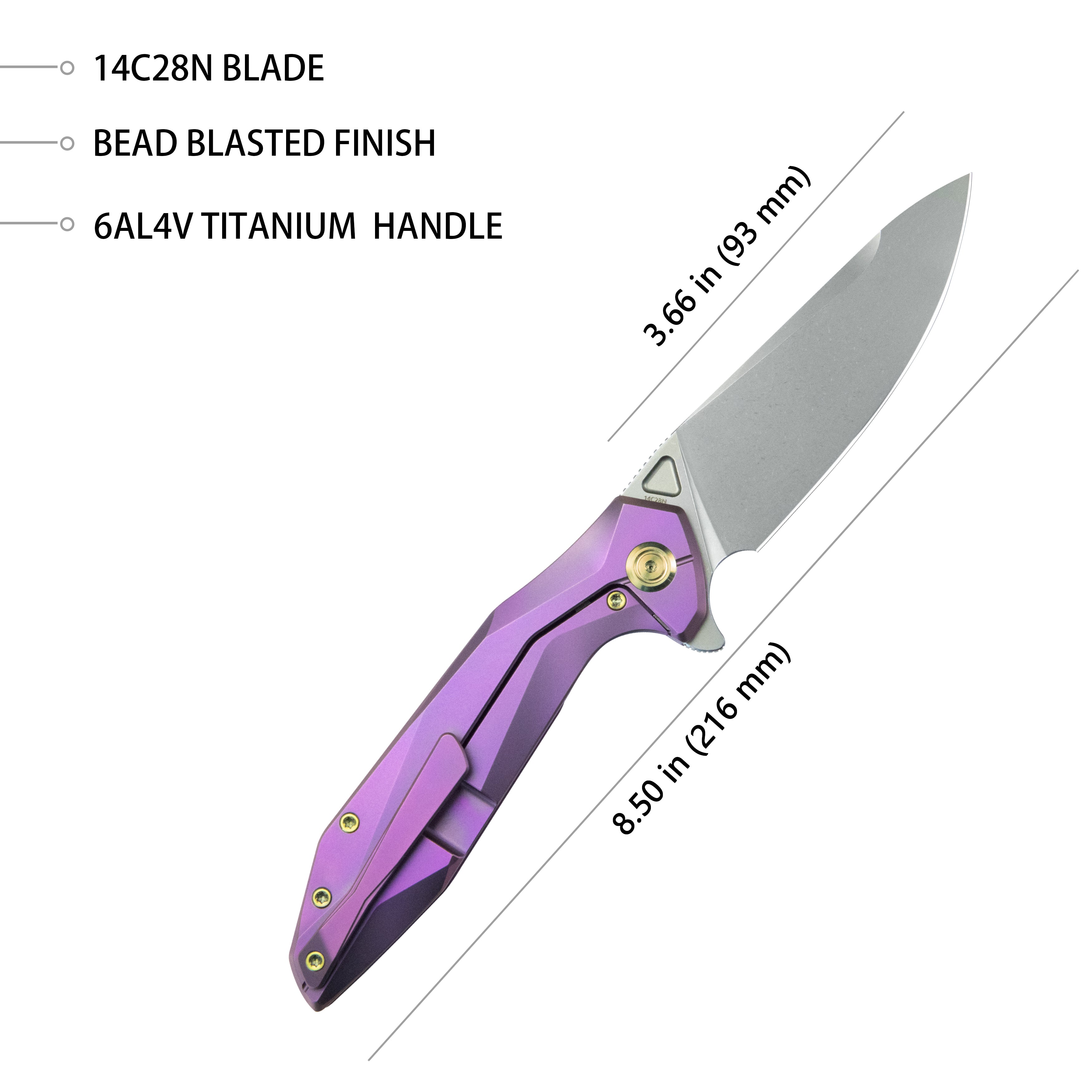 Kubey Nova Frame Lock Flipper Folding Knife Purple 6AL4V Titanium Handle 3.66" Bead Blasted 14C28N KB235D
