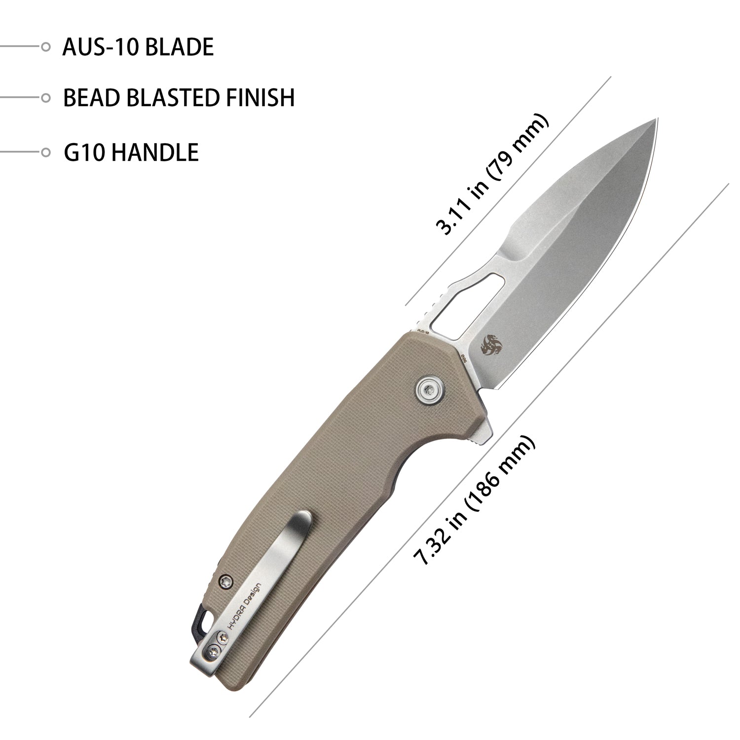 RDF Pocket Knife with Button Lock, Full-Contoured Tan G-10 Handle 3.11" Bead Blasted AUS-10 Blade, Lightweight Folding Knife for EDC KU316D