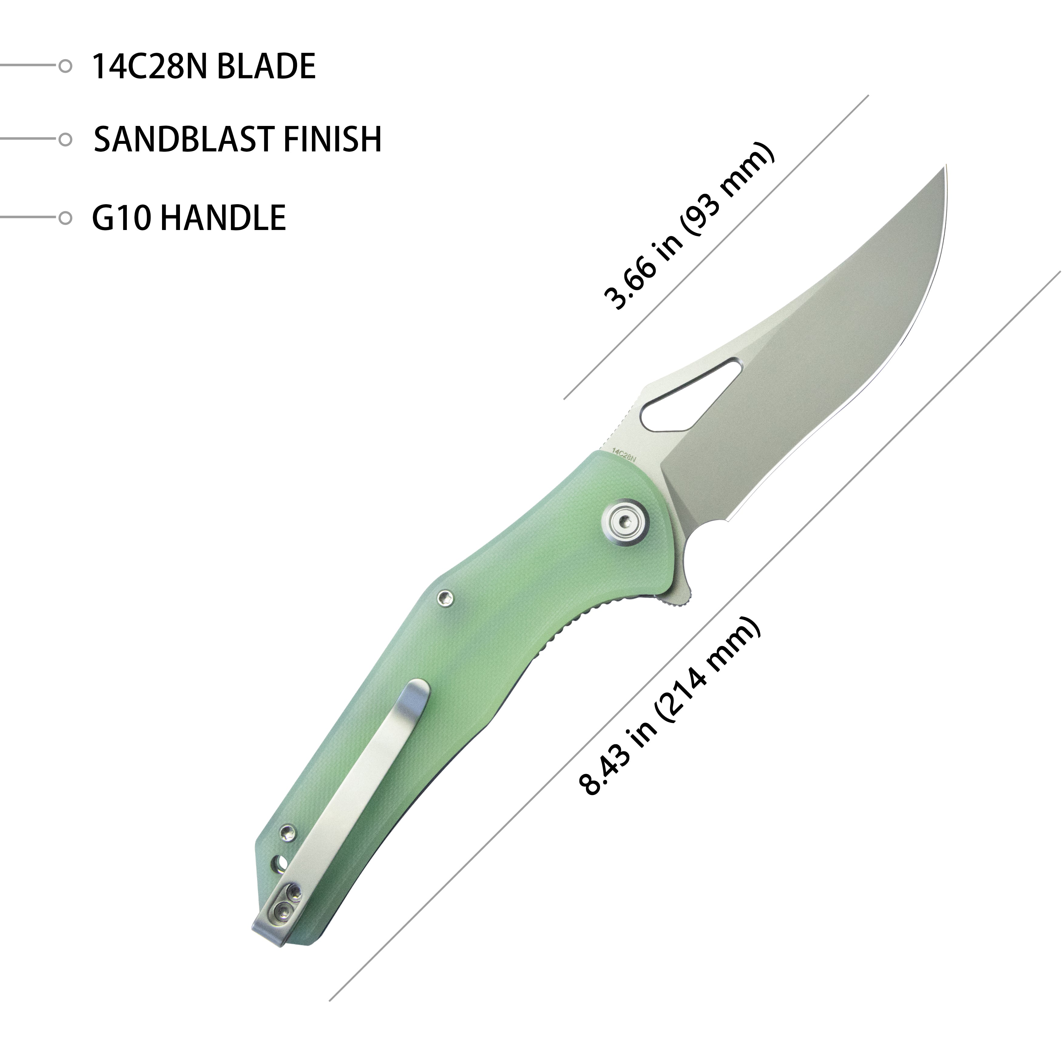 Kubey Phemius Liner Lock Folding Pocket Knife Jade G10 Handle 3.66" Sandblast 14C28N KU149D