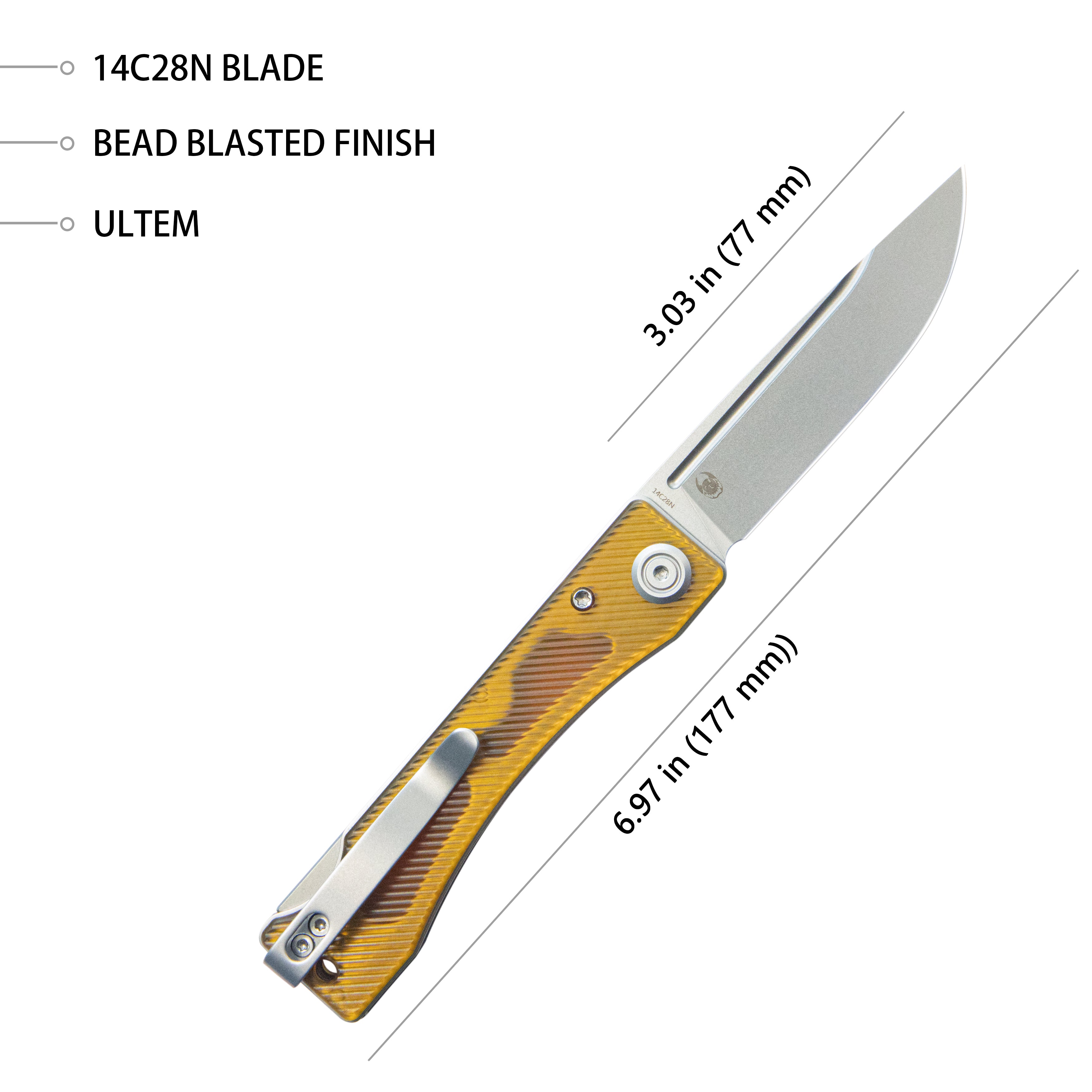 Kubey Akino Lockback Pocket Folding Knife Ultem Handle 3.15" Bead Blasted Sandvik 14C28N KU2102E
