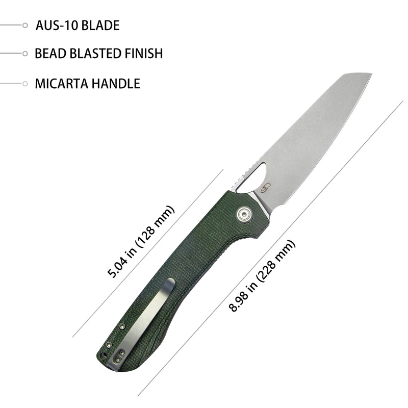 Elang Liner Lock Folding Knife Green Micarta Handle 3.94" Bead Blasted Sheepsfoot AUS-10 KU365E