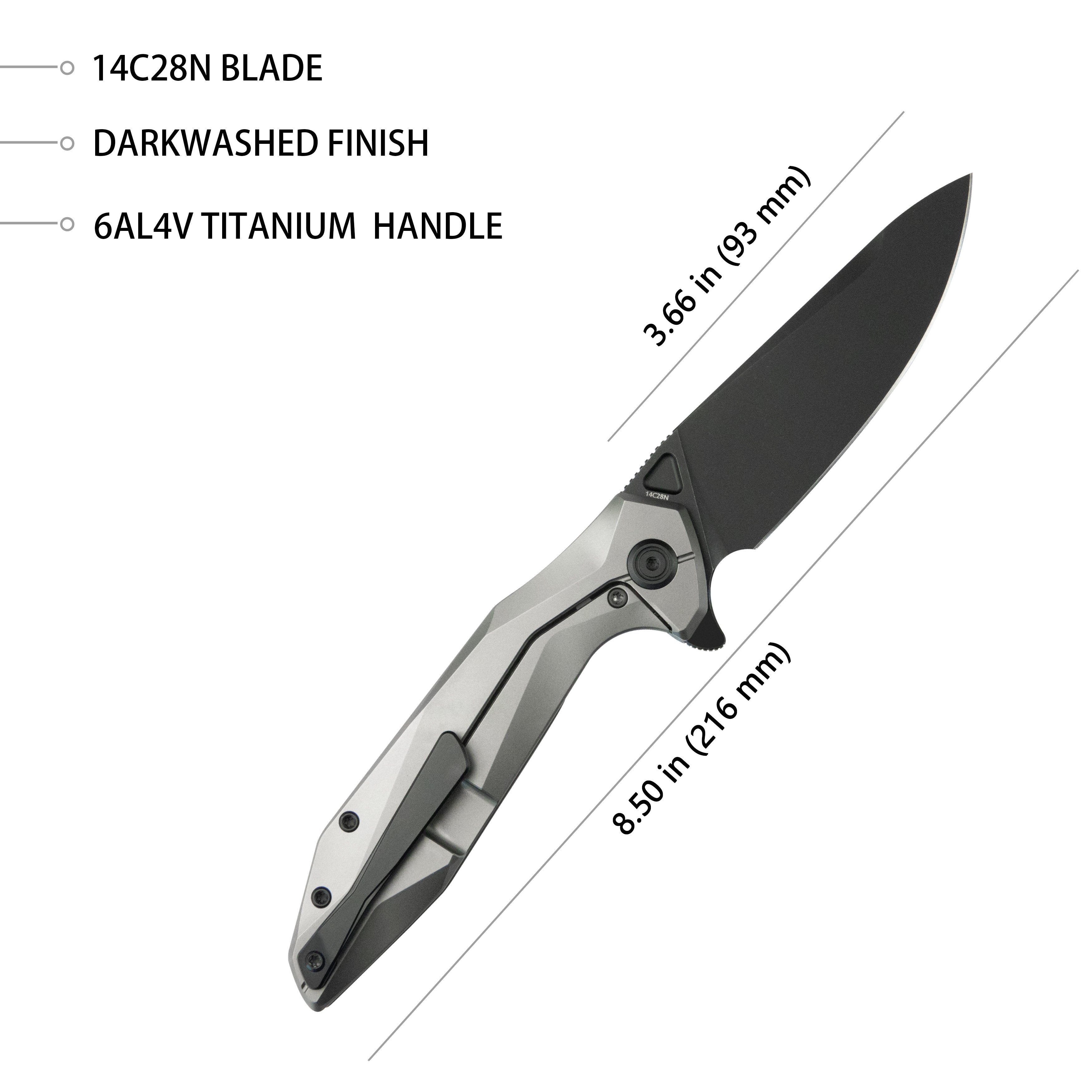 Kubey Nova Frame Lock Flipper Folding Knife Gray 6AL4V Titanium Handle 3.66" Darkwashed 14C28N KB235E