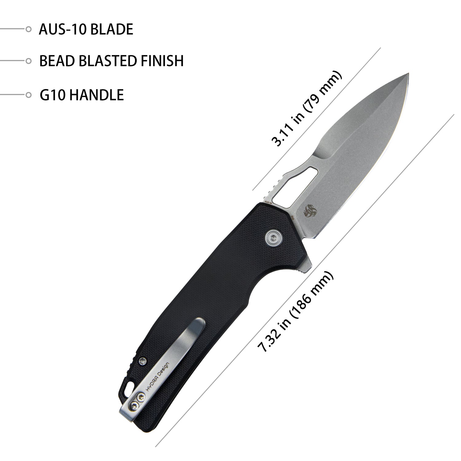 RDF Pocket Knife with Button Lock, Full-Contoured Black G-10 Handle 3.11" Bead Blasted AUS-10 Blade, Lightweight Folding Knife for EDC KU316E