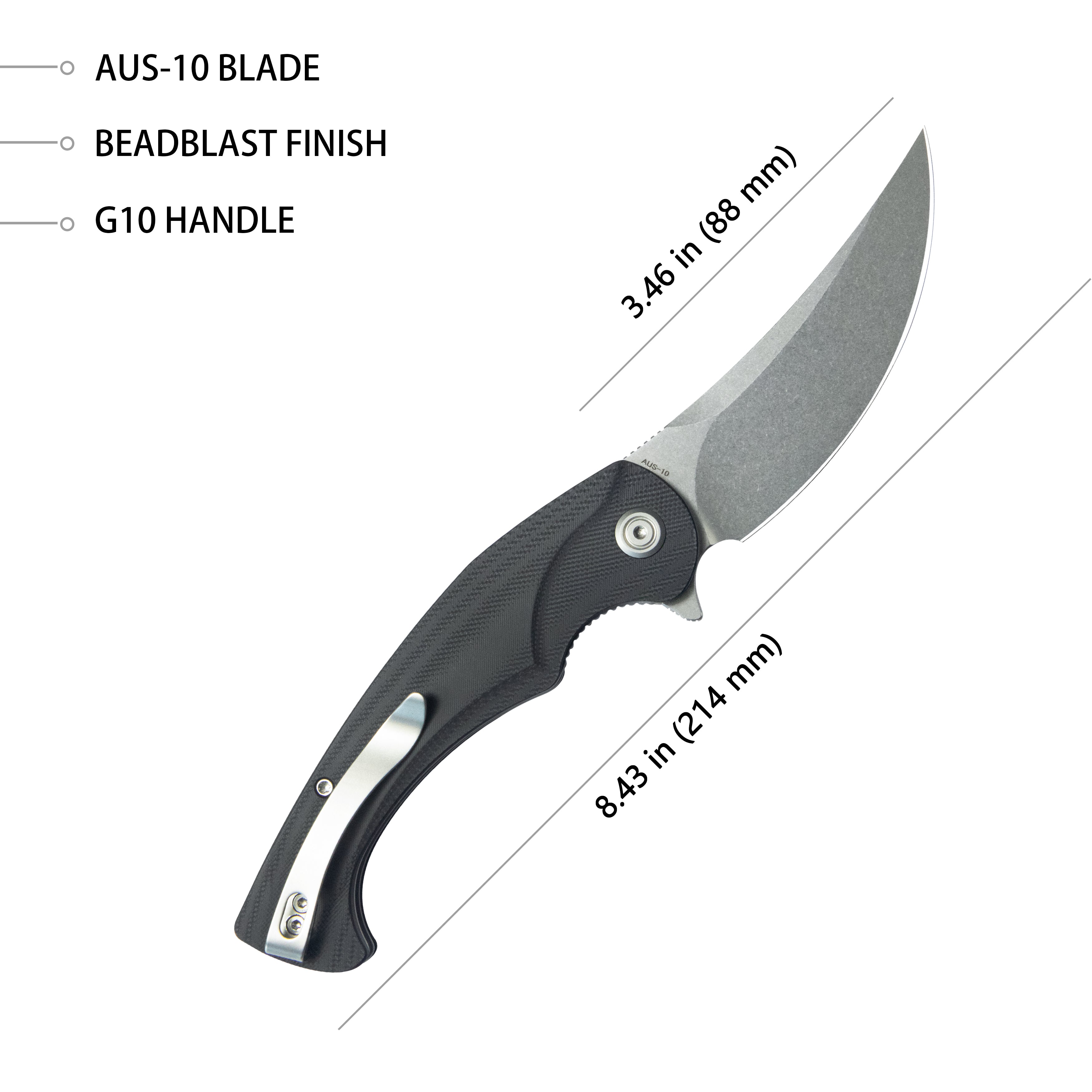 Scimitar Liner Lock Folding Knife Black G10 Handle 3.46" Bead Blast AUS-10 KU173E