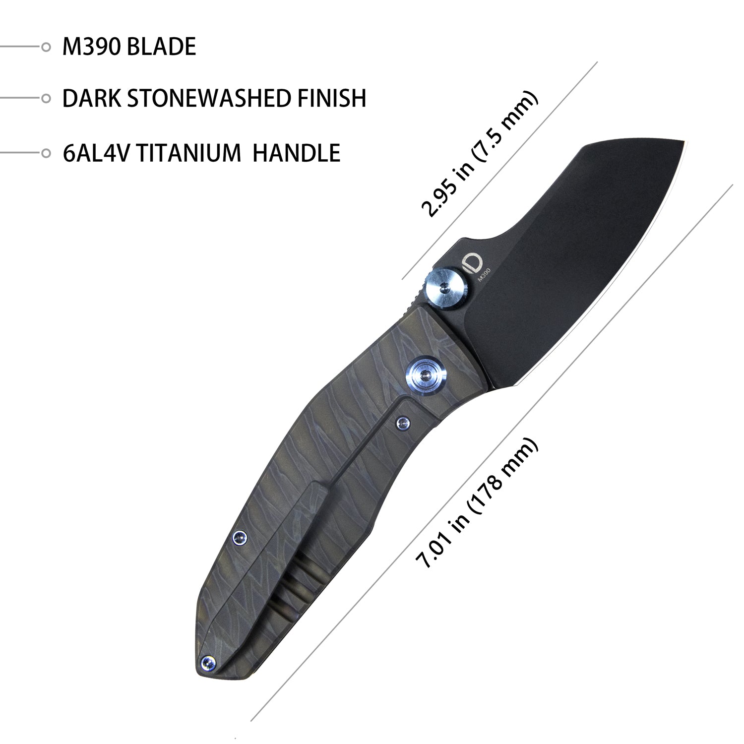 Kubey Monsterdog Frame Lock Dual Thumb Studs Folding Knife Titanium Handle 2.95" Blackwashed M390 KB285E