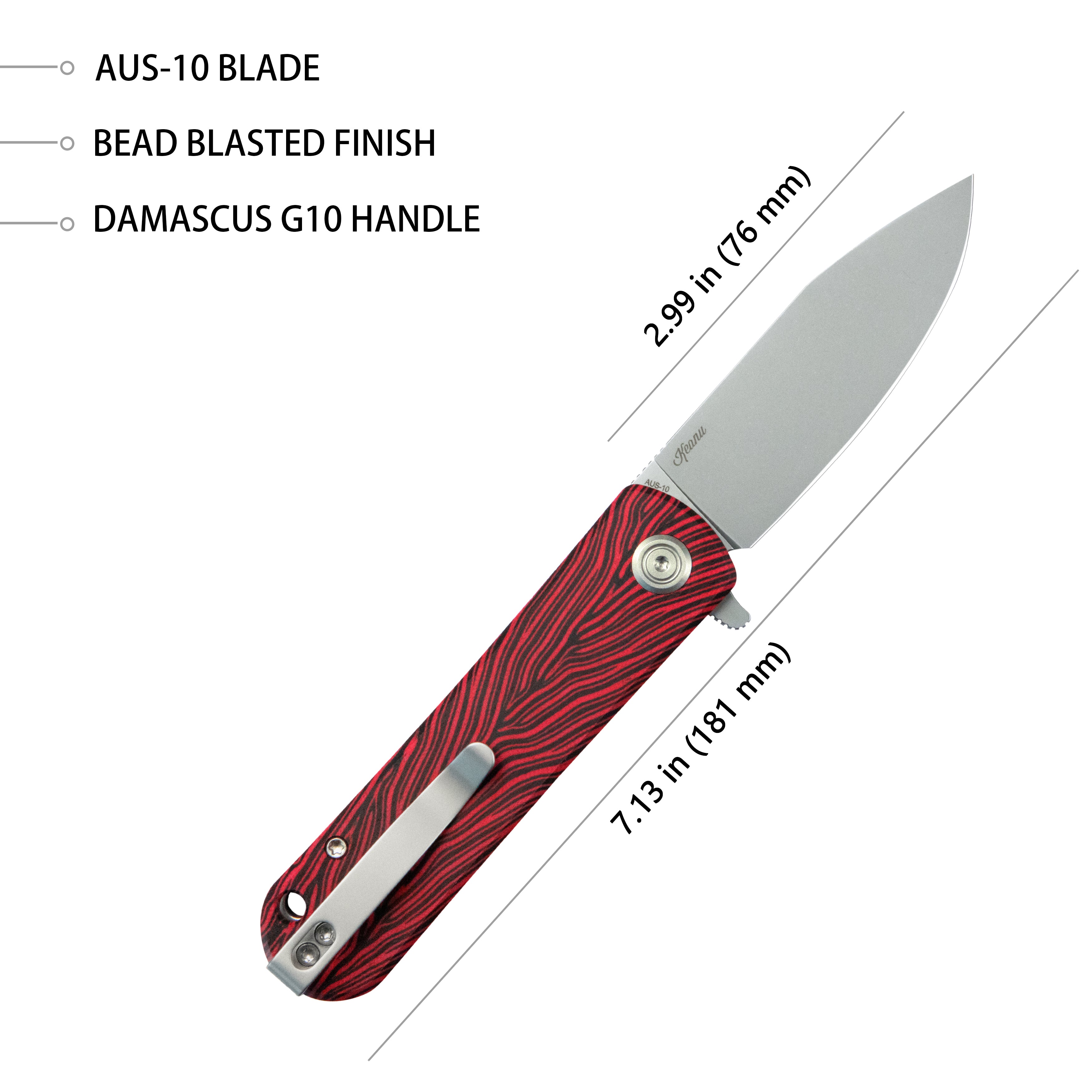 NEO Outdoor Folding Pocket Knife Red black Damascus G10 Handle 3.43" Beadblast AUS-10 KU371E