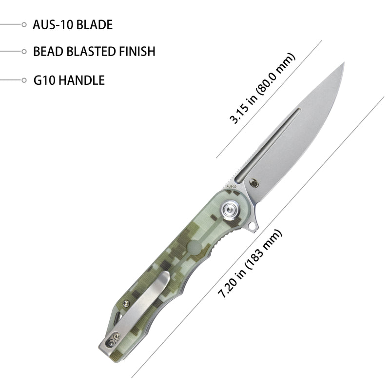 Mizo Liner Lock Flipper Folding Knife Camo G10 Handle 3.15" Bead Blast AUS-10 KU312E