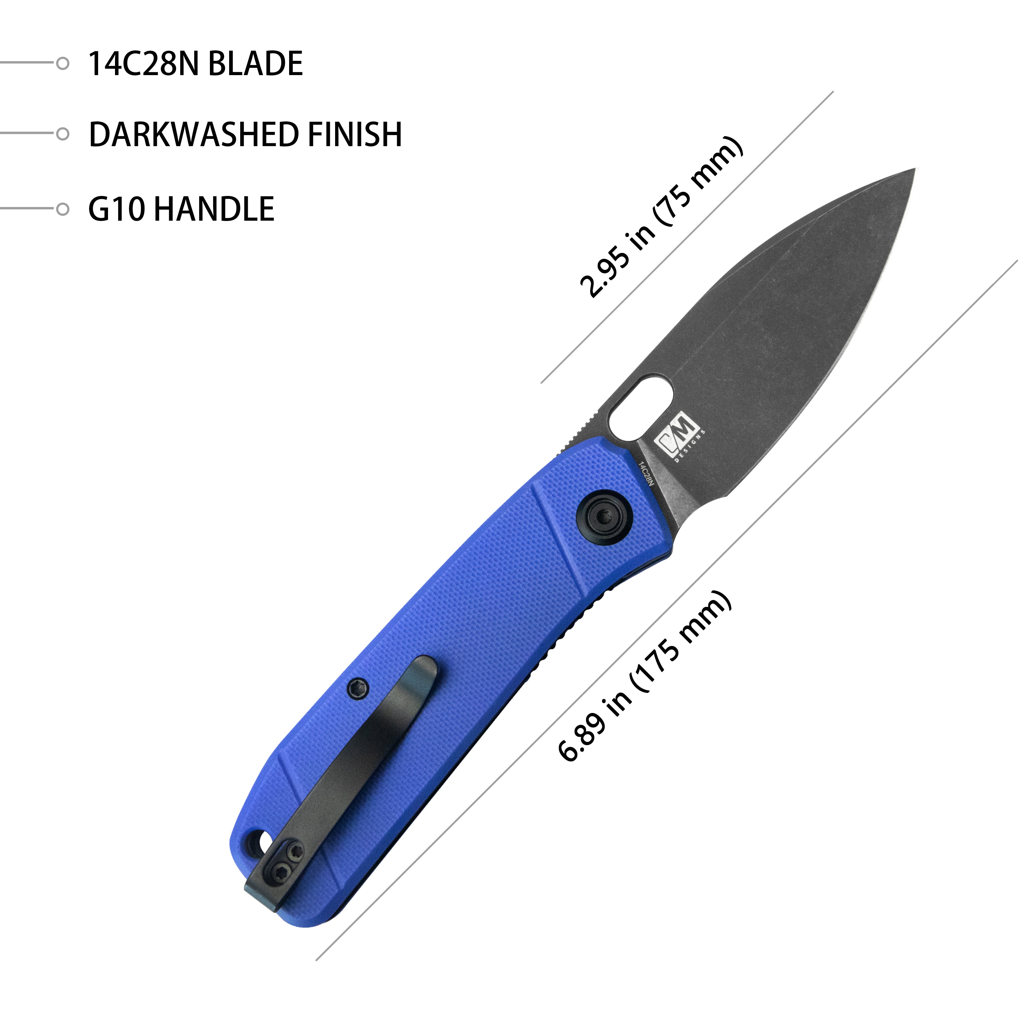 Kubey Hyde Liner Lock Folding Knife Blue G10 Handle 2.95" Dark Stonewashed 14C28N KU2104E