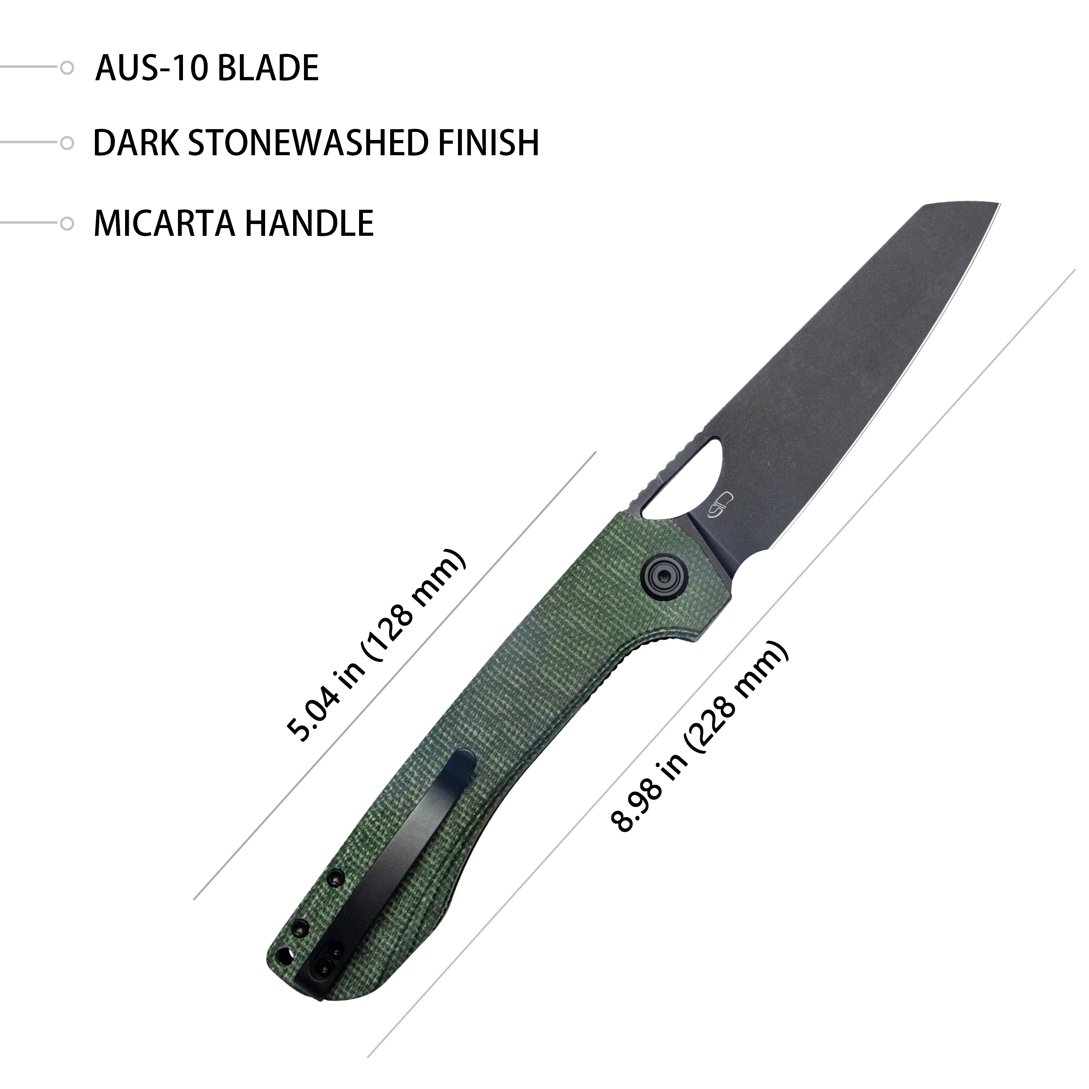 Elang Liner Lock Folding Knife Green Micarta Handle 3.94" Blackwashed Sheepsfoot AUS-10 KU365F