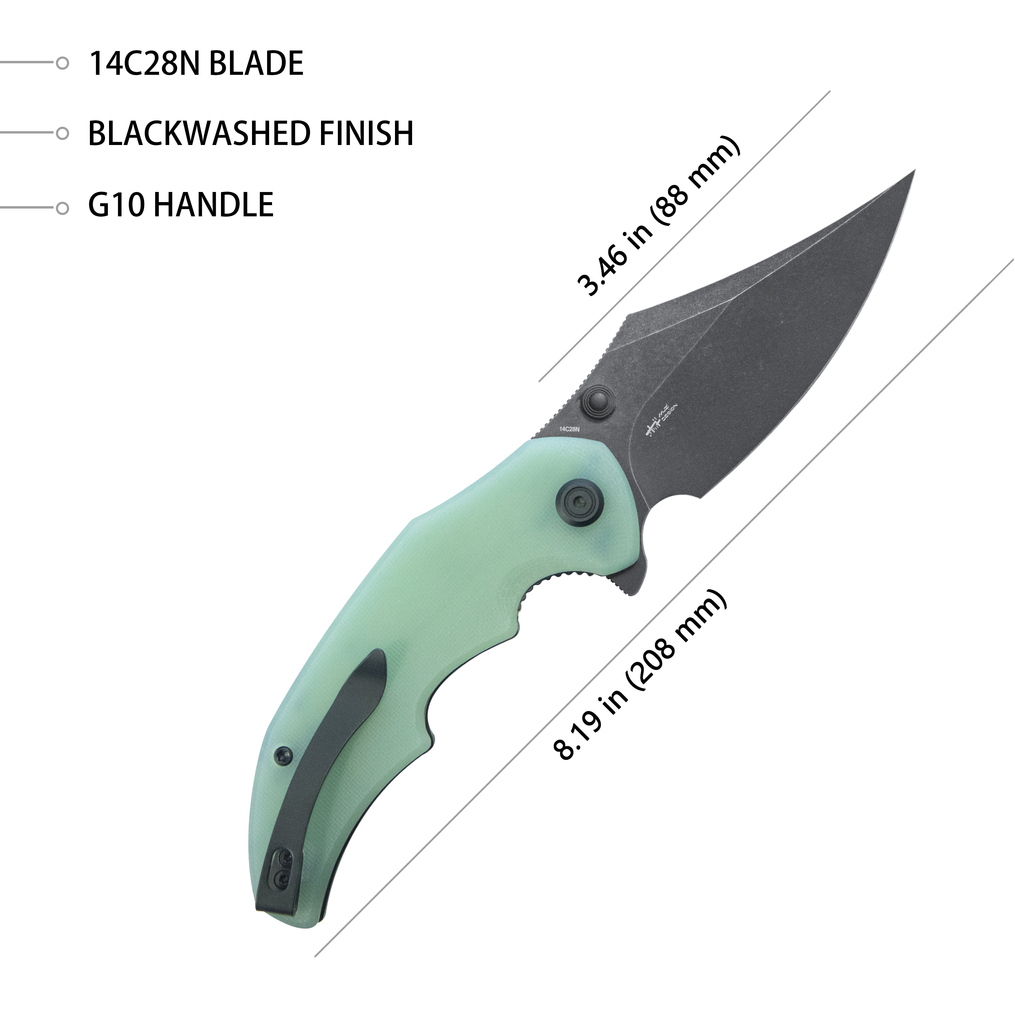 Kubey Ceto Flipper Camping Folding Knife Jade G-10 Handle 3.46" Blackwash 14C28N Blade KU181F