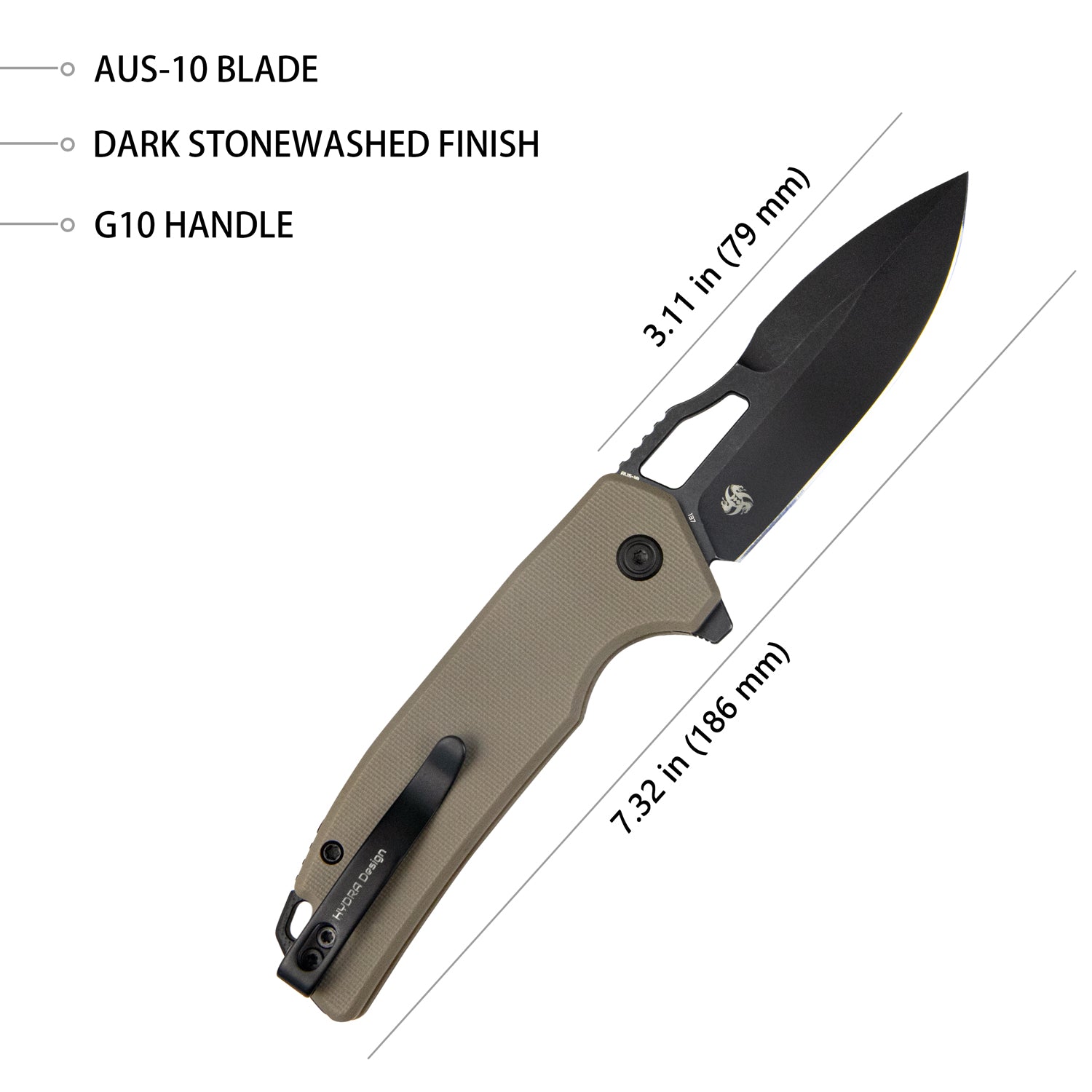 RDF Pocket Knife with Button Lock, Full-Contoured Tan G-10 Handle 3.11" Blackwash AUS-10 Blade, Lightweight Folding Knife for EDC KU316F