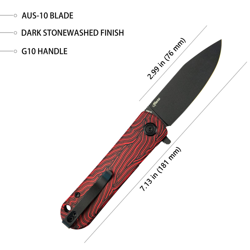 NEO Outdoor Folding Pocket Knife Red black Damascus G10 Handle 3.43" Blackwash AUS-10 KU371F