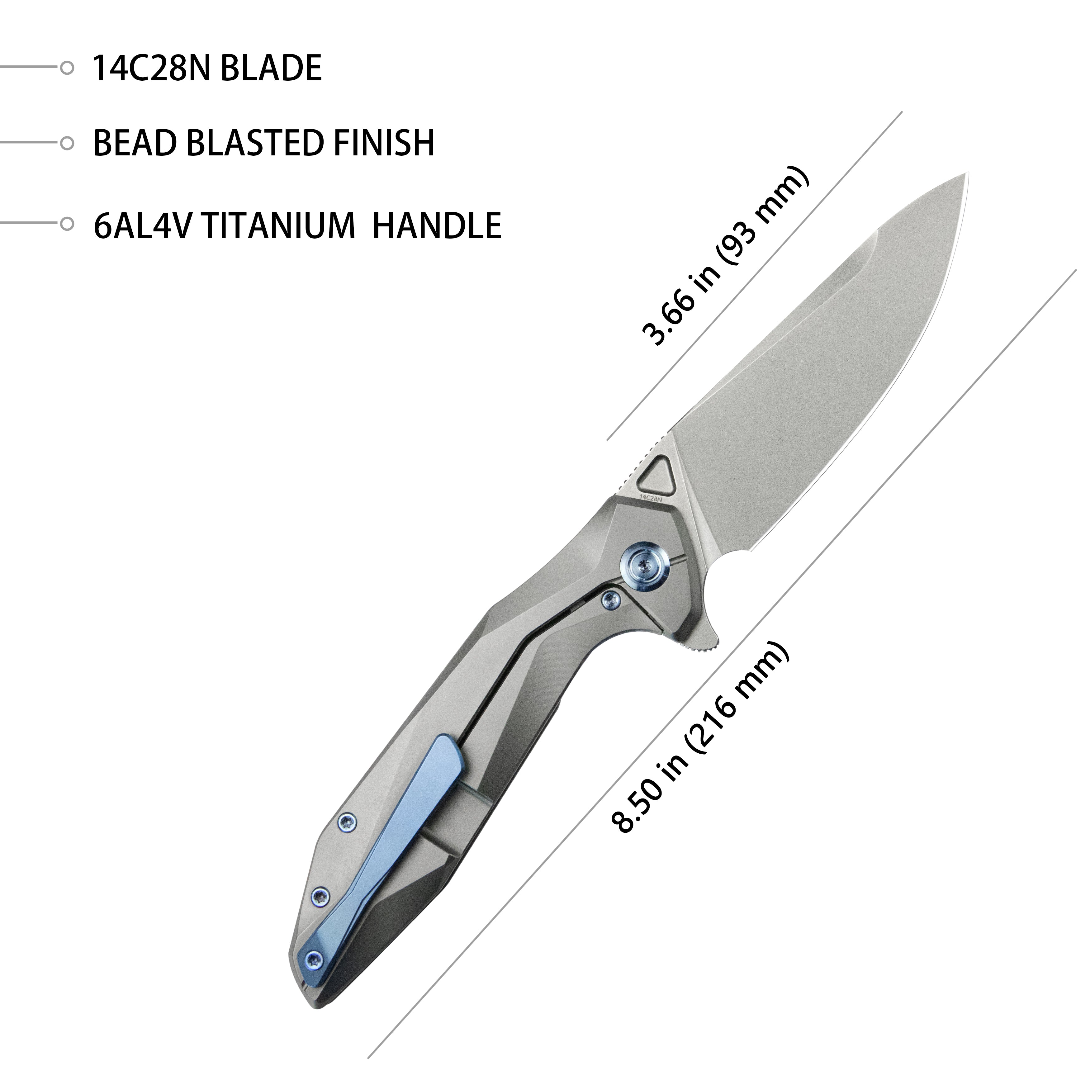 Kubey Nova Frame Lock Flipper Folding Knife Gray 6AL4V Titanium Handle 3.66" Bead Blasted 14C28N KB235F