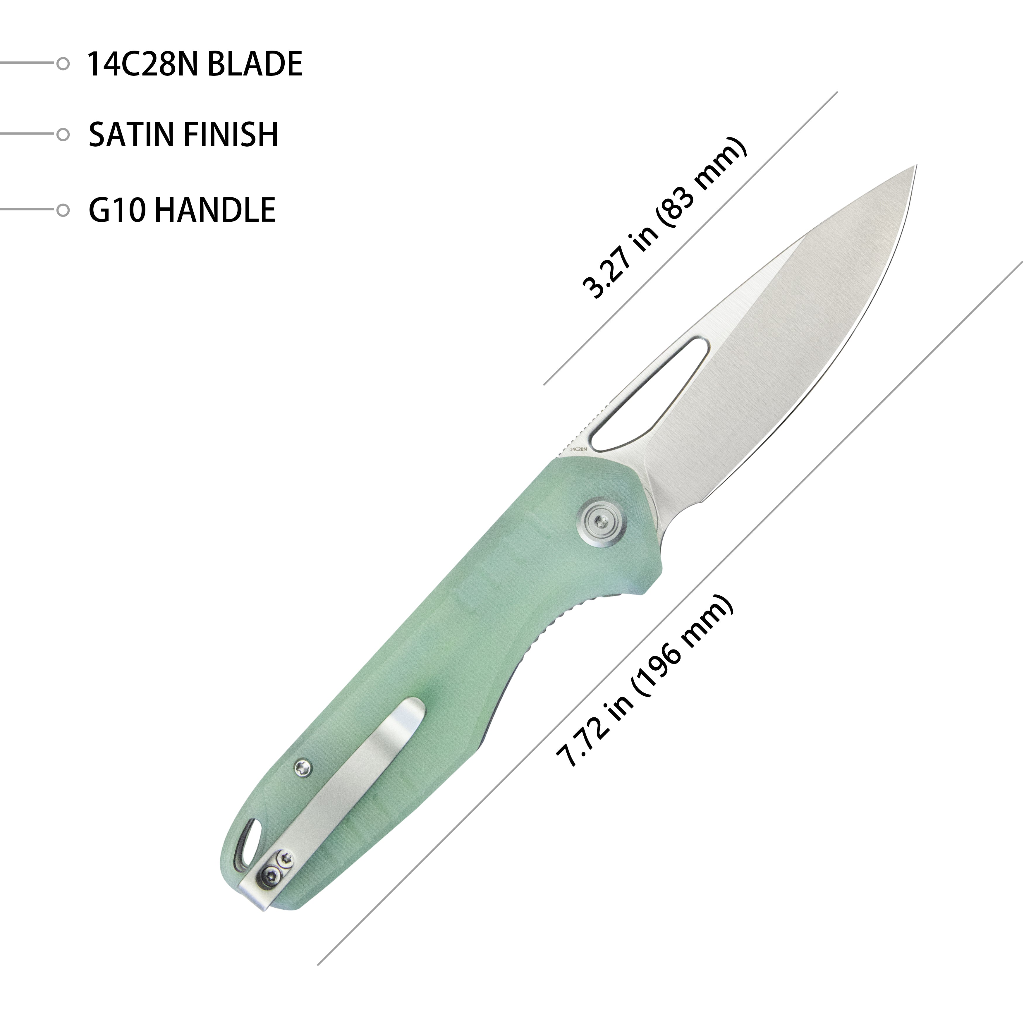 Doris Liner Lock Front Flipper Folding Knife Jade G10 Handle 3.27" Satin Finish 14C28N KU324F