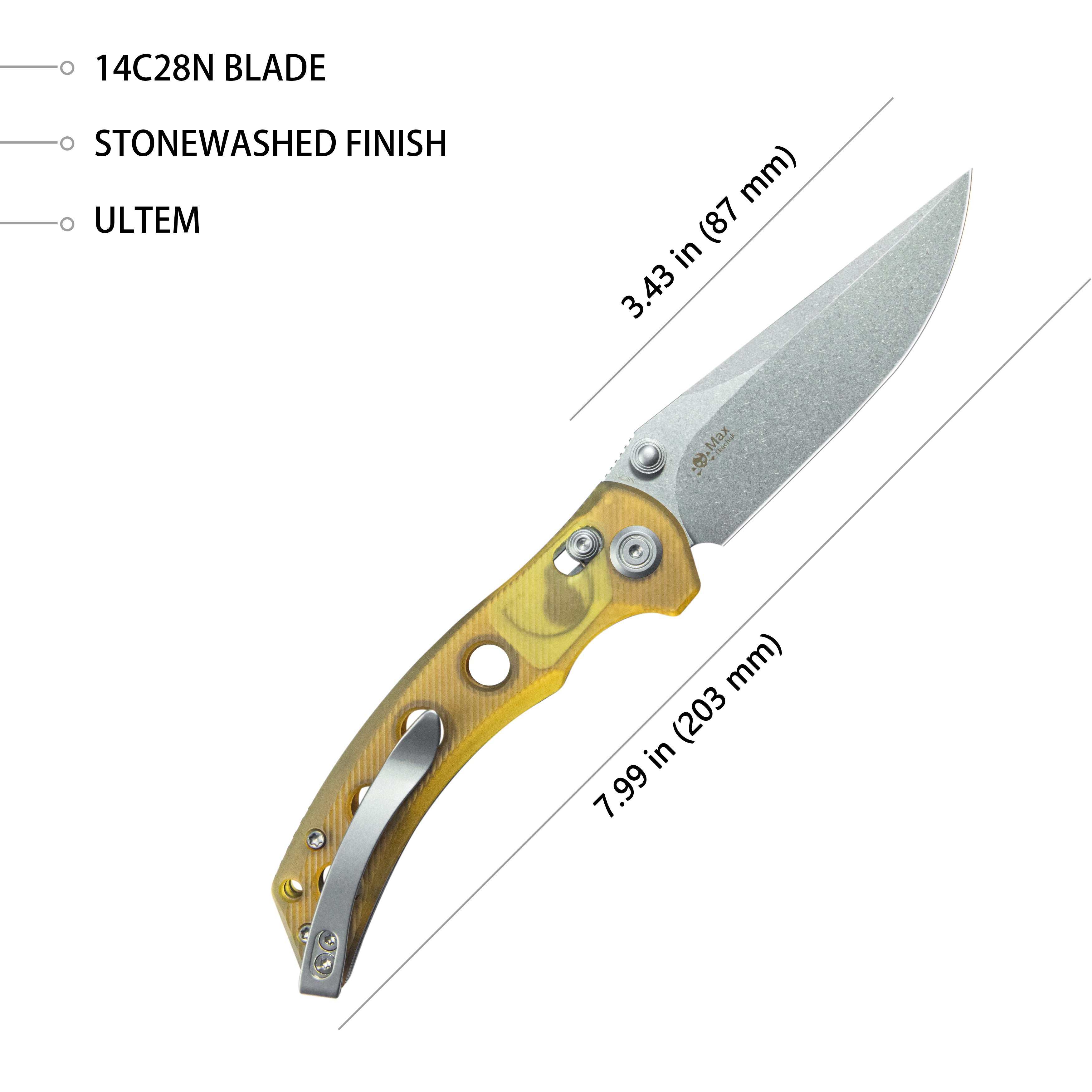 Kubey Hound Crossbar Lock Folding Pocket Knife Ultem Handle 3.43" Stonewash 14C28N Blade KU172F