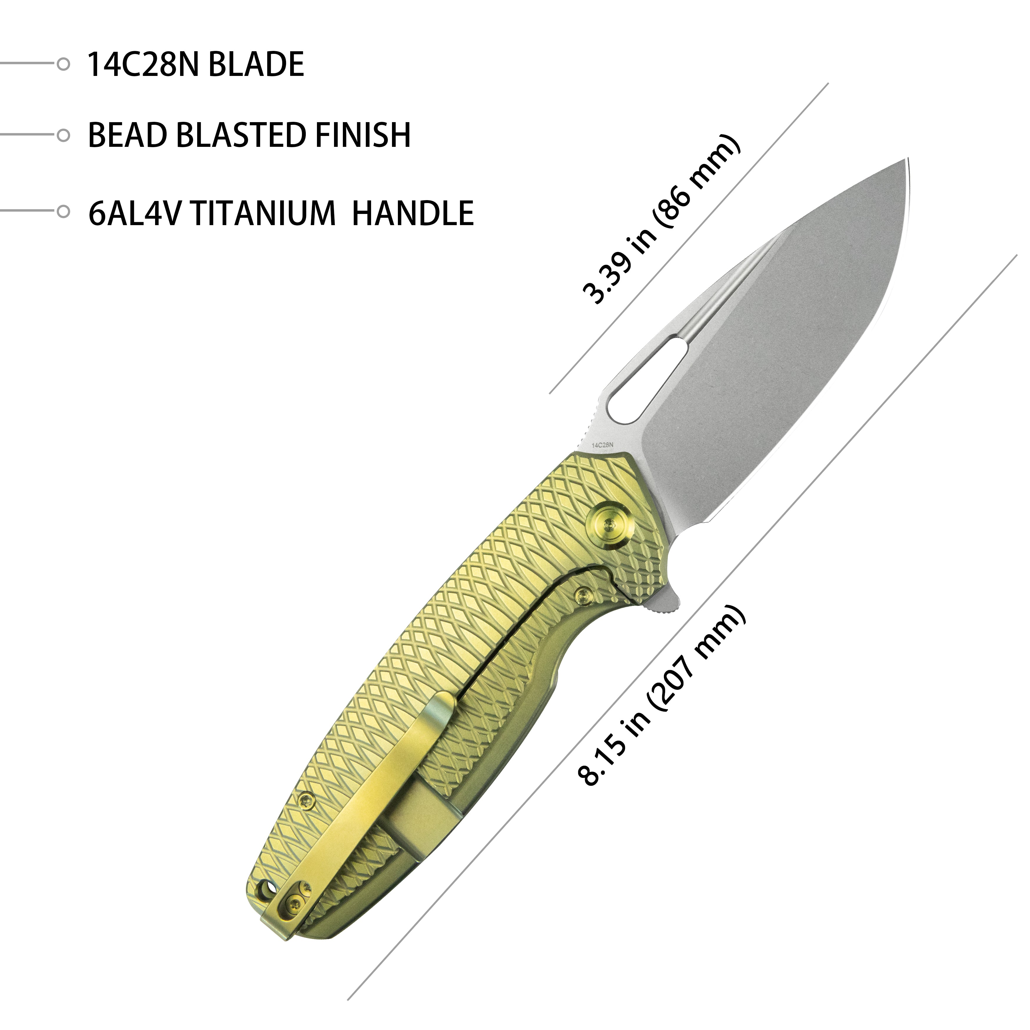 Kubey Tityus Frame Lock Flipper Folding Knife Gold Pattern Titanium Handle 3.39" Beadblast 14C28N KB360G