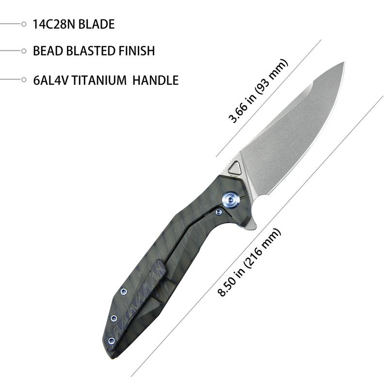 Nova Frame Lock Flipper Folding Knife Flame 6AL4V Titanium Handle 3.66" Bead Blasted 14C28N KB235G