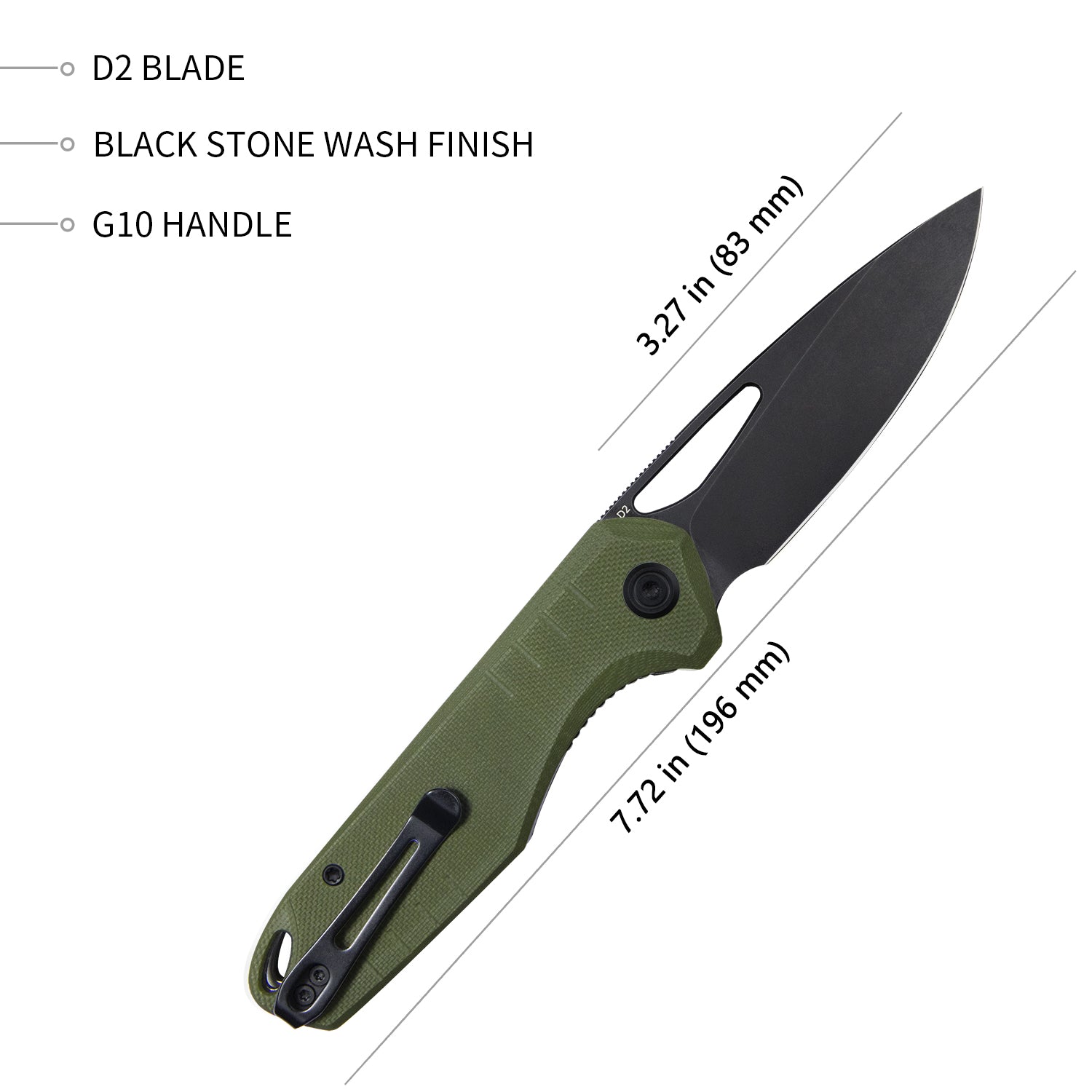 Doris Liner Lock Front Flipper Folding Knife Green G10 Handle 3.27" Darkwashed D2 KU324C