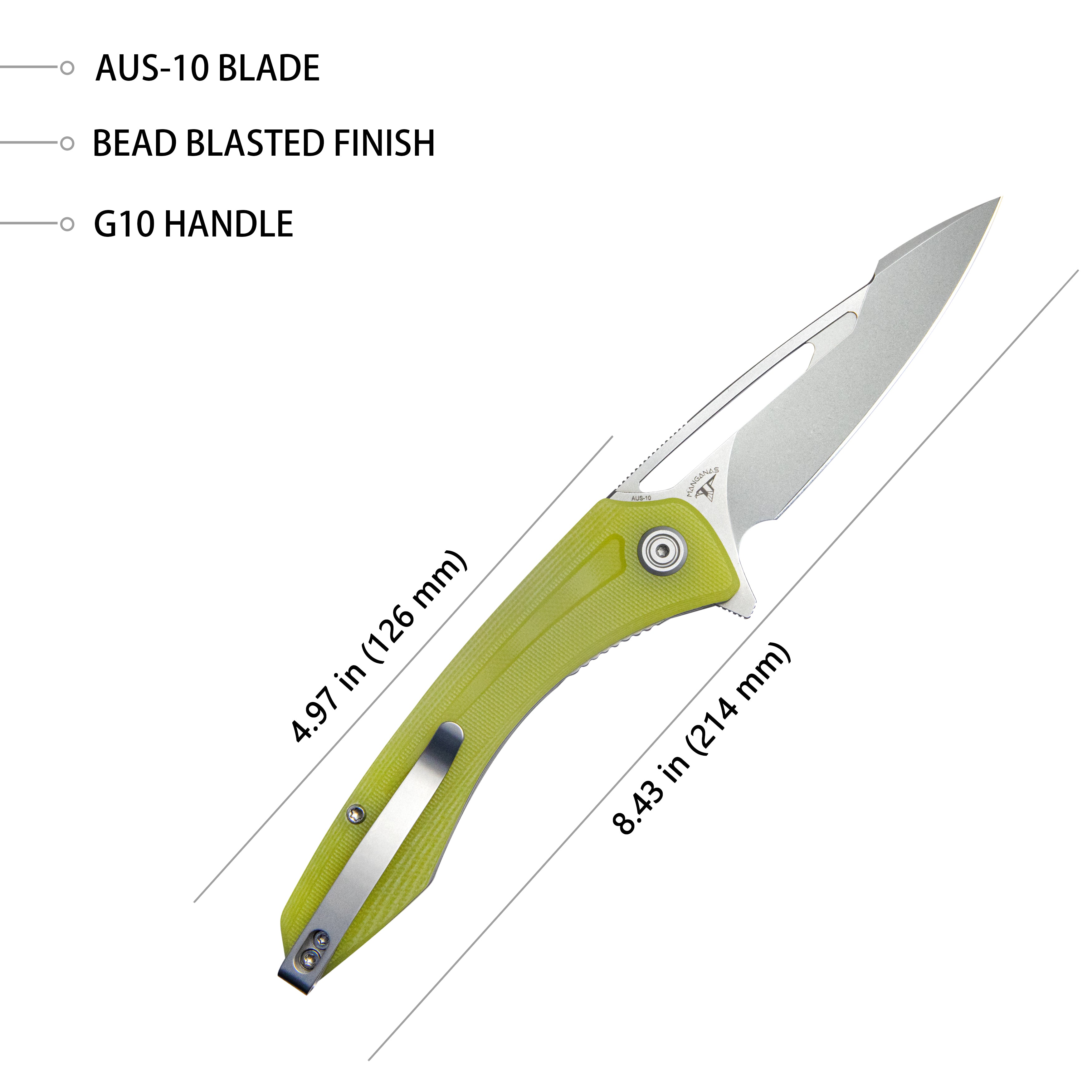 Merced Folding Knife 3.46" Beadblasted AUS-10 Blade With Durable Translucent Yellow G10 Handle Reliable Tactical Pocket Knife KU345H