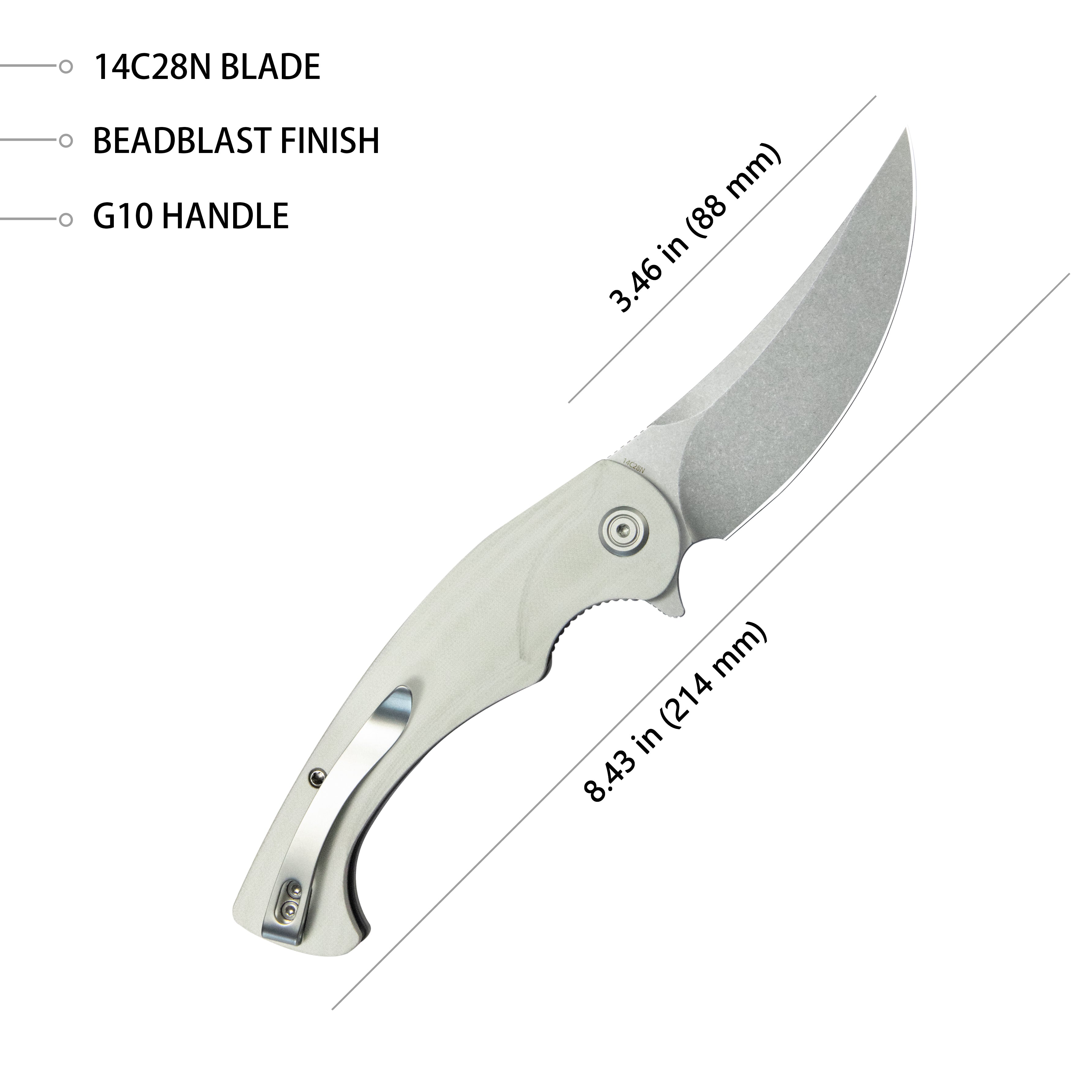 Kubey Scimitar Liner Lock Folding Knife White G10 Handle 3.46" Bead Blast 14C28N KU173I