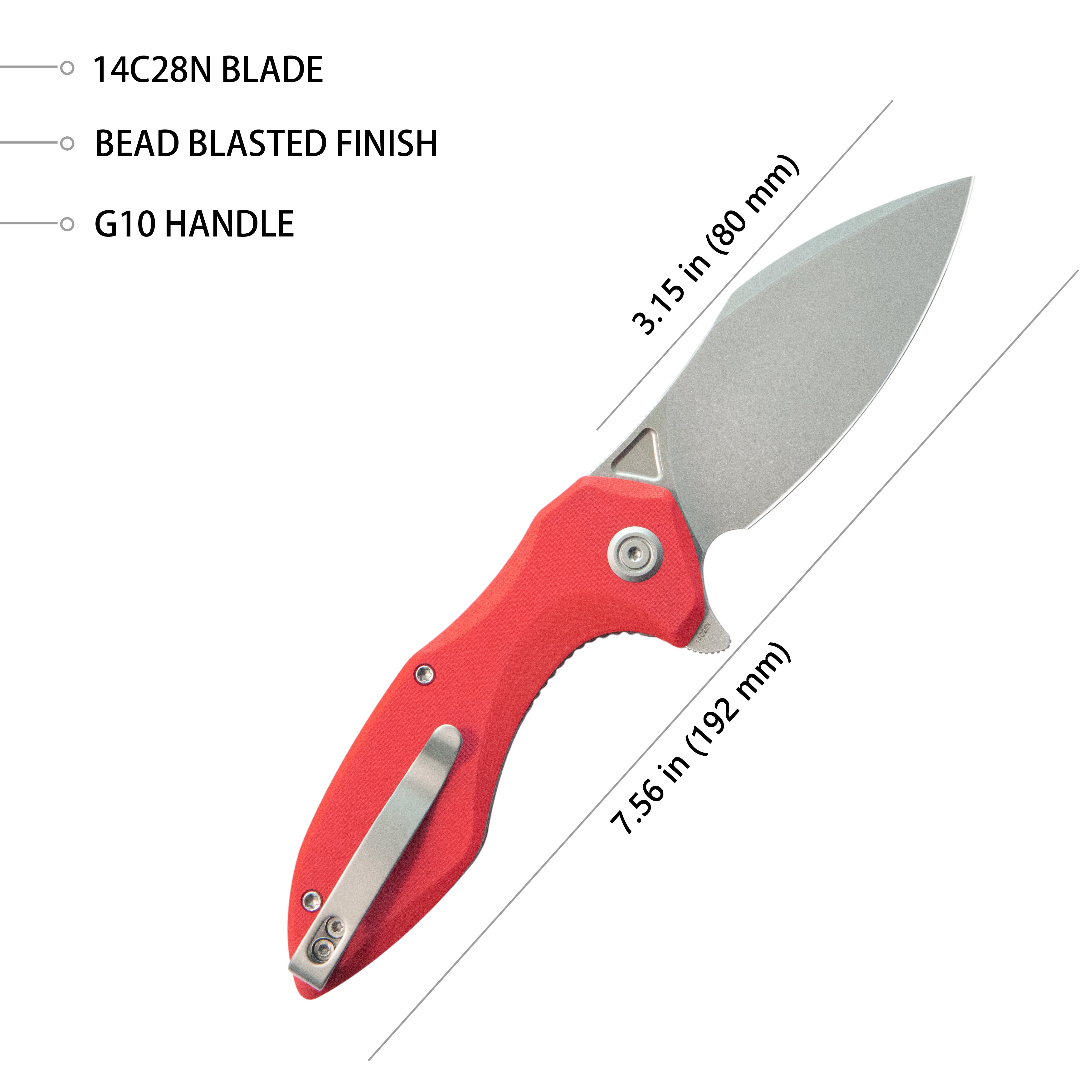 Kubey Noble Flipper Folding Knife Red G10 Handle 3.15" Beadblast 14C28N KU236L