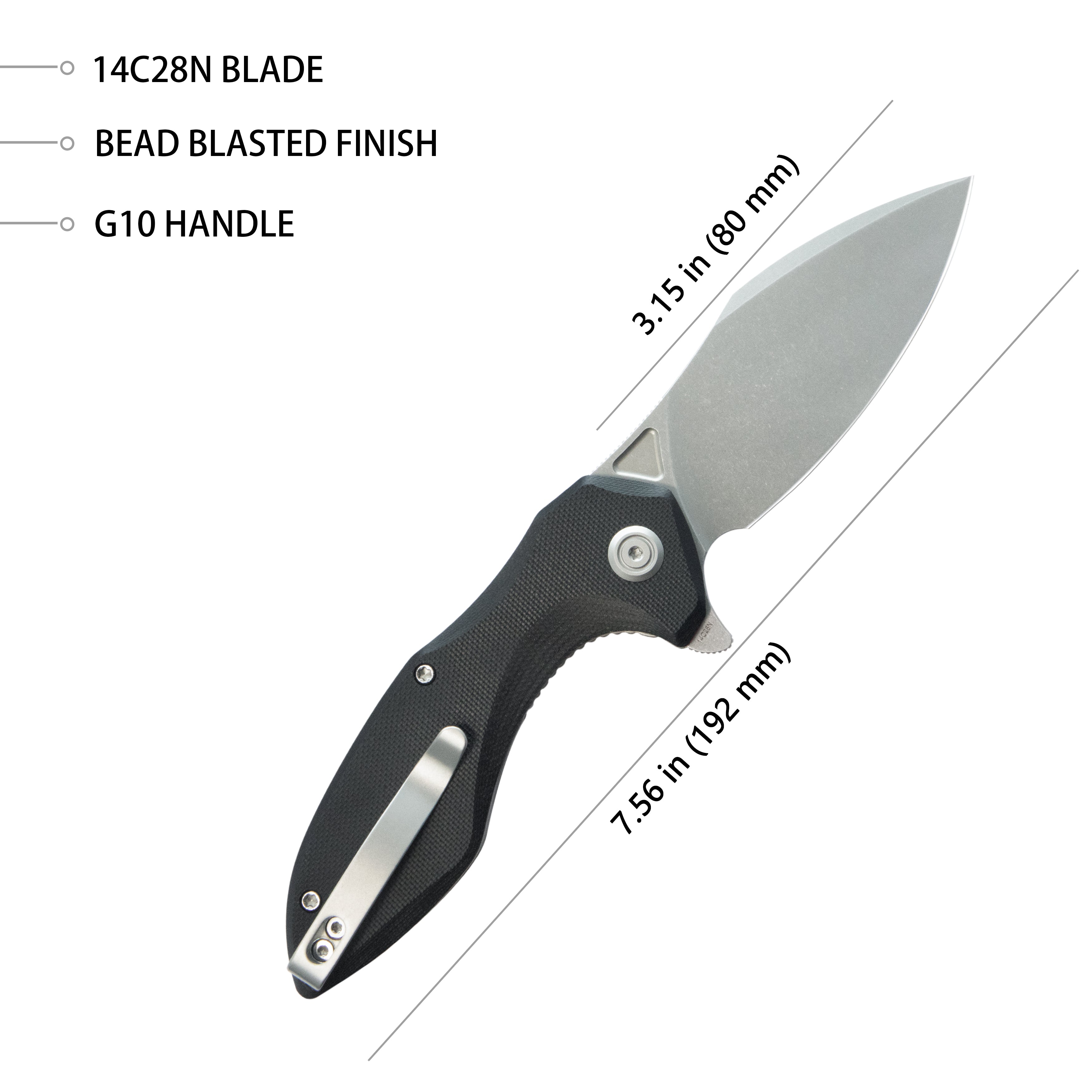 Kubey Noble Flipper Folding Knife Black G10 Handle 3.15" Beadblast 14C28N KU236K