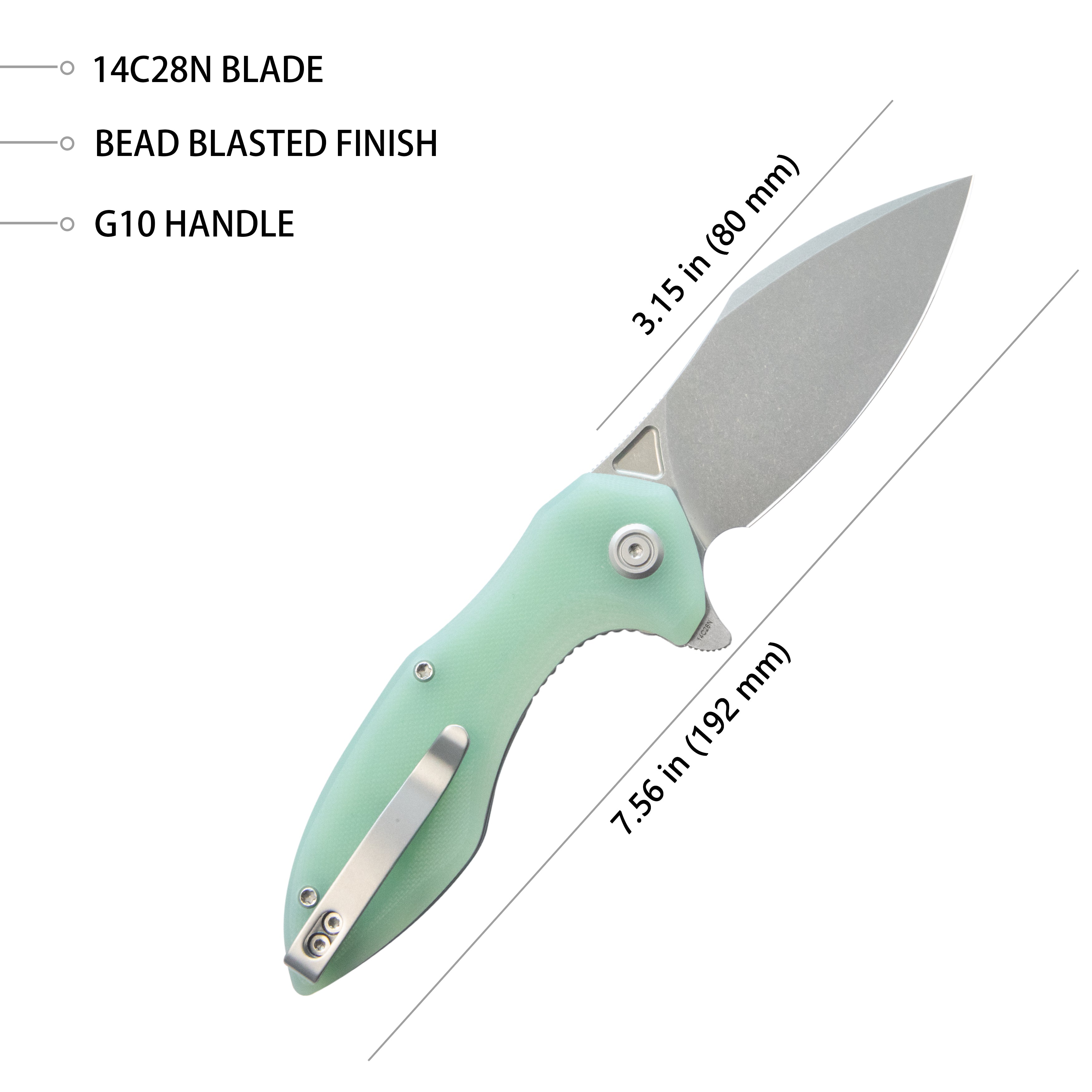 Kubey Noble Flipper Folding Knife Jade G10 Handle 3.15" Beadblast 14C28N KU236M