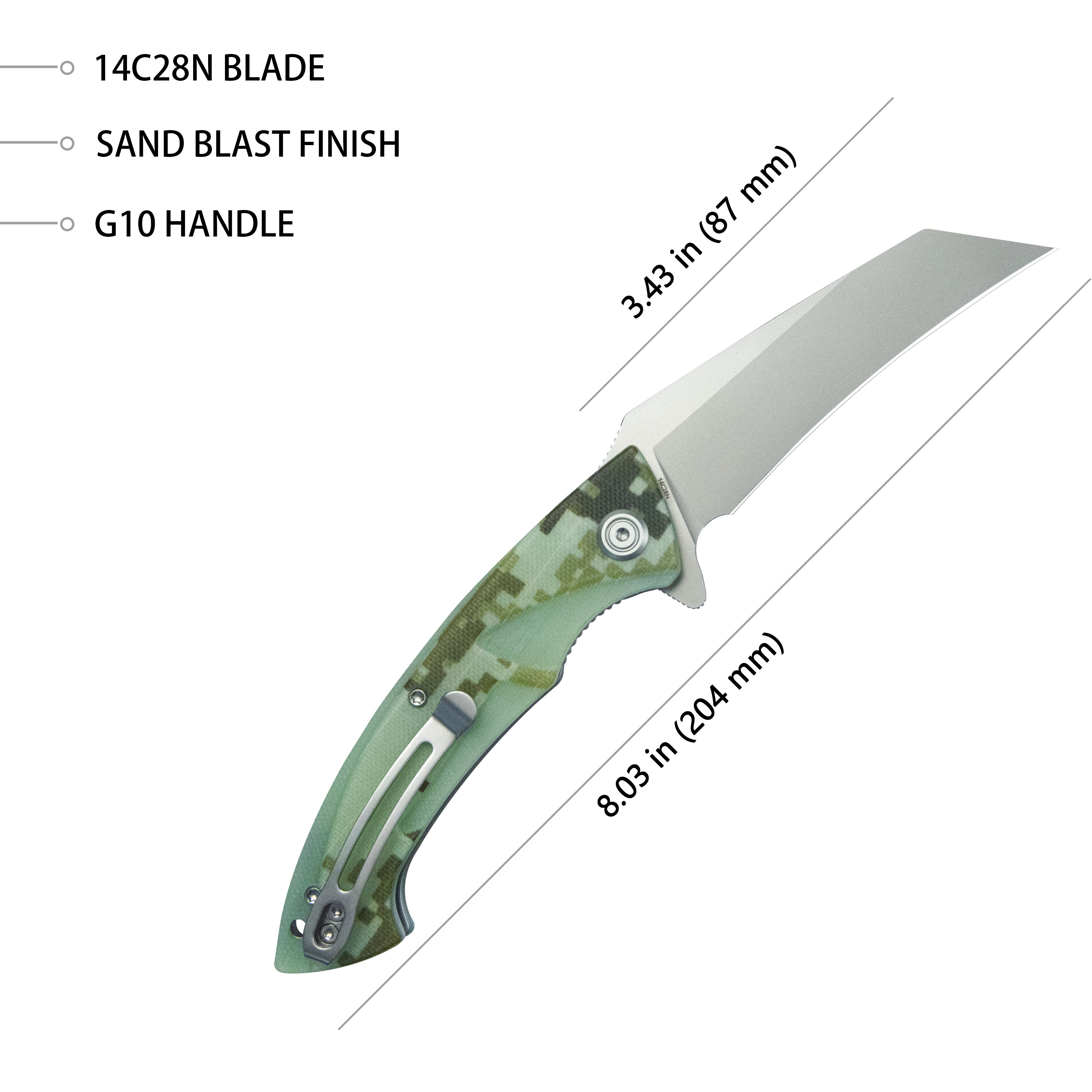 Kubey Anteater Liner Lock Folding Knife Camo G10 Handle 3.42" Sandblast 14C28N KU212J