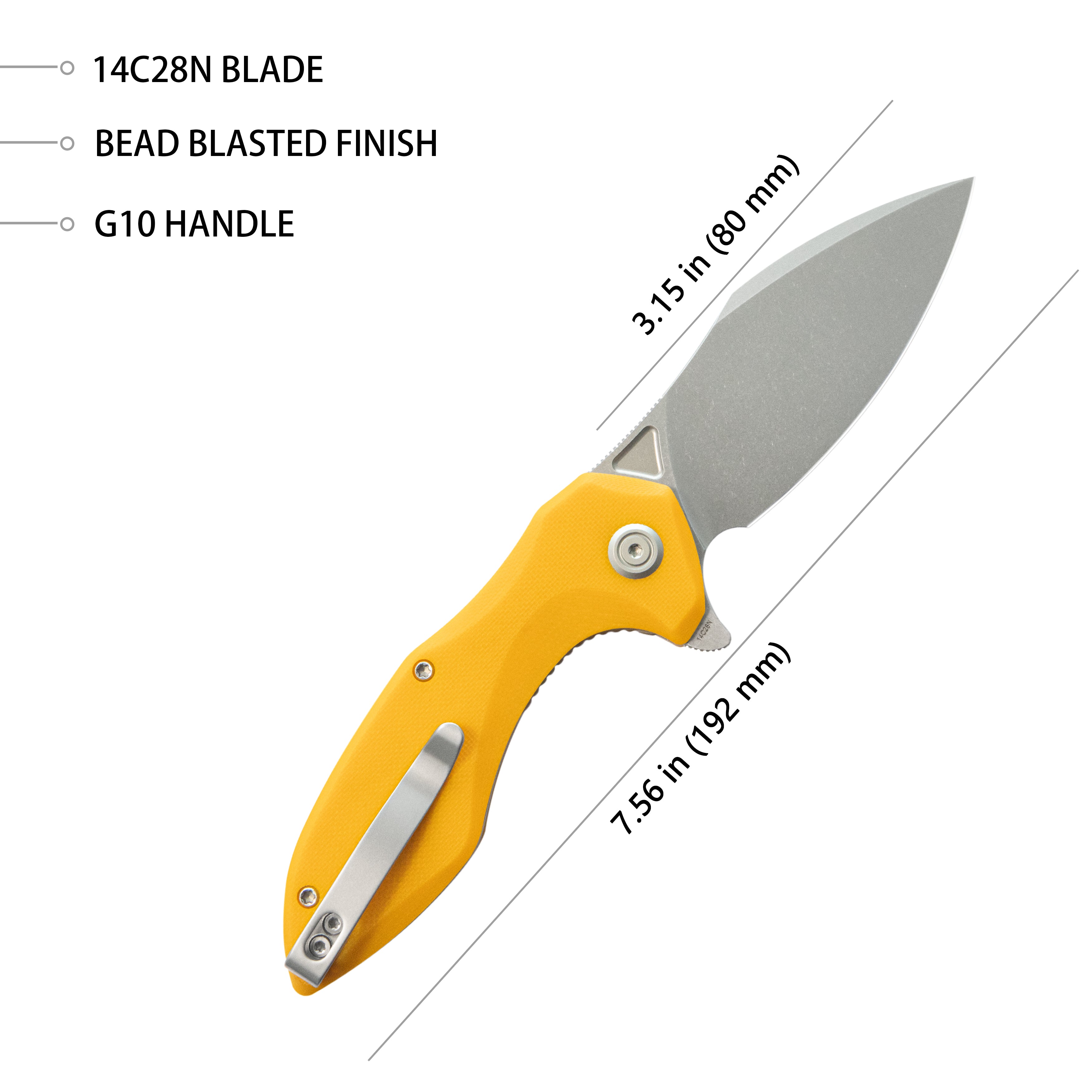Kubey Noble Flipper Folding Knife Yellow G10 Handle 3.15" Beadblast 14C28N KU236J