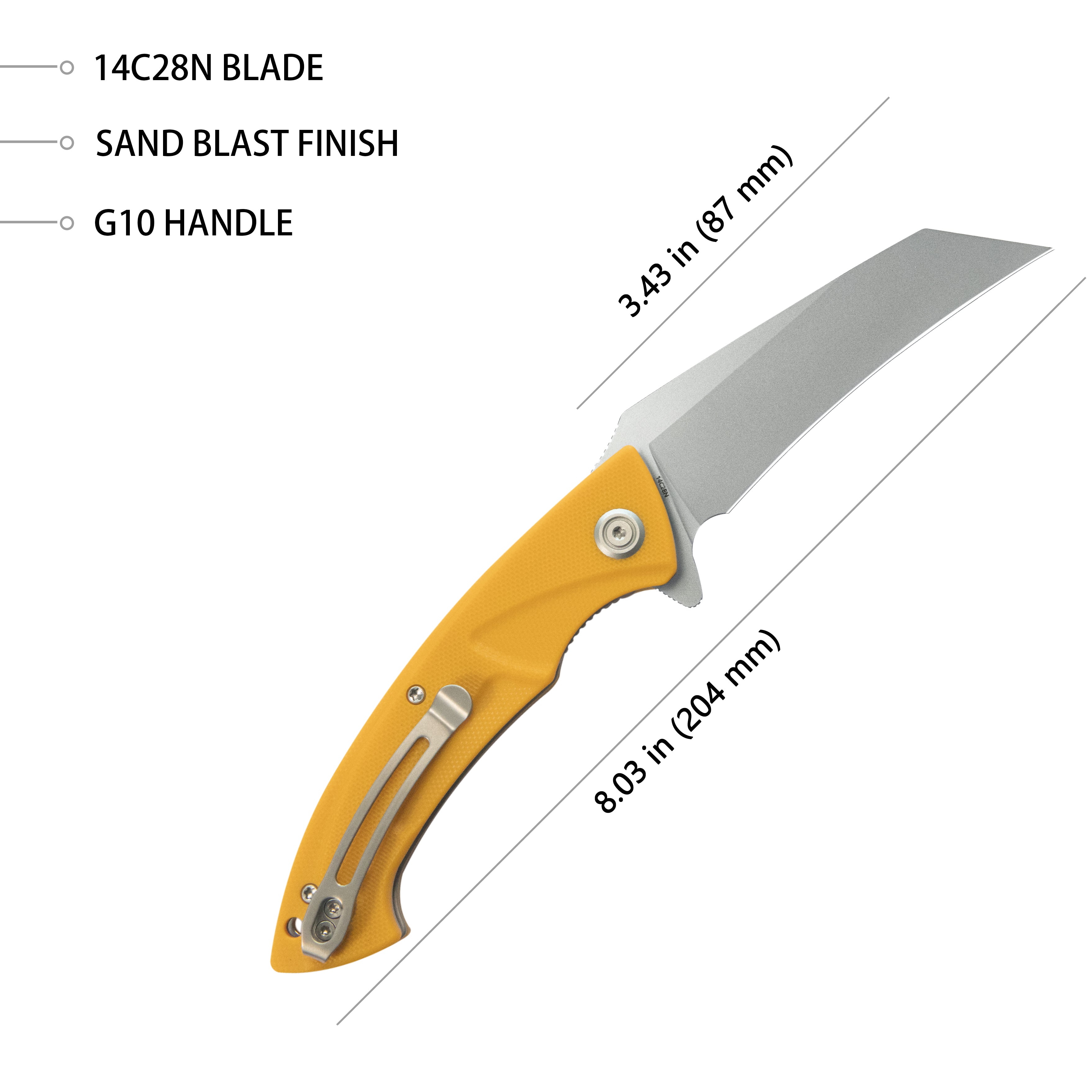Kubey Anteater Liner Lock Folding Knife Yellow G10 Handle 3.42" Sandblast 14C28N Blade KU212K