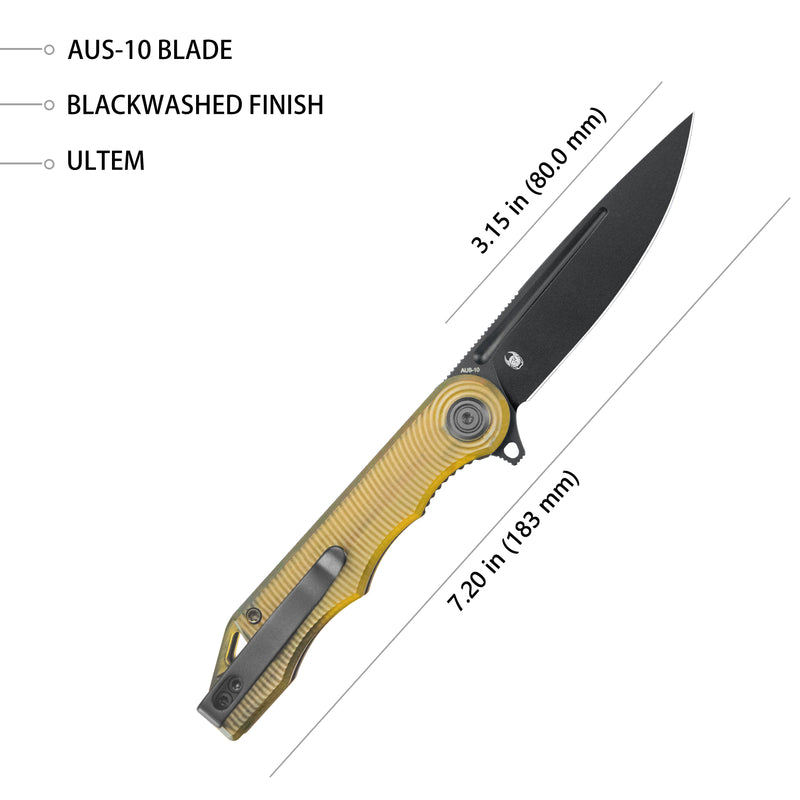 Mizo Liner Lock Flipper Folding Knife Ultem Handle 3.15" Blackwash AUS-10 KU312N