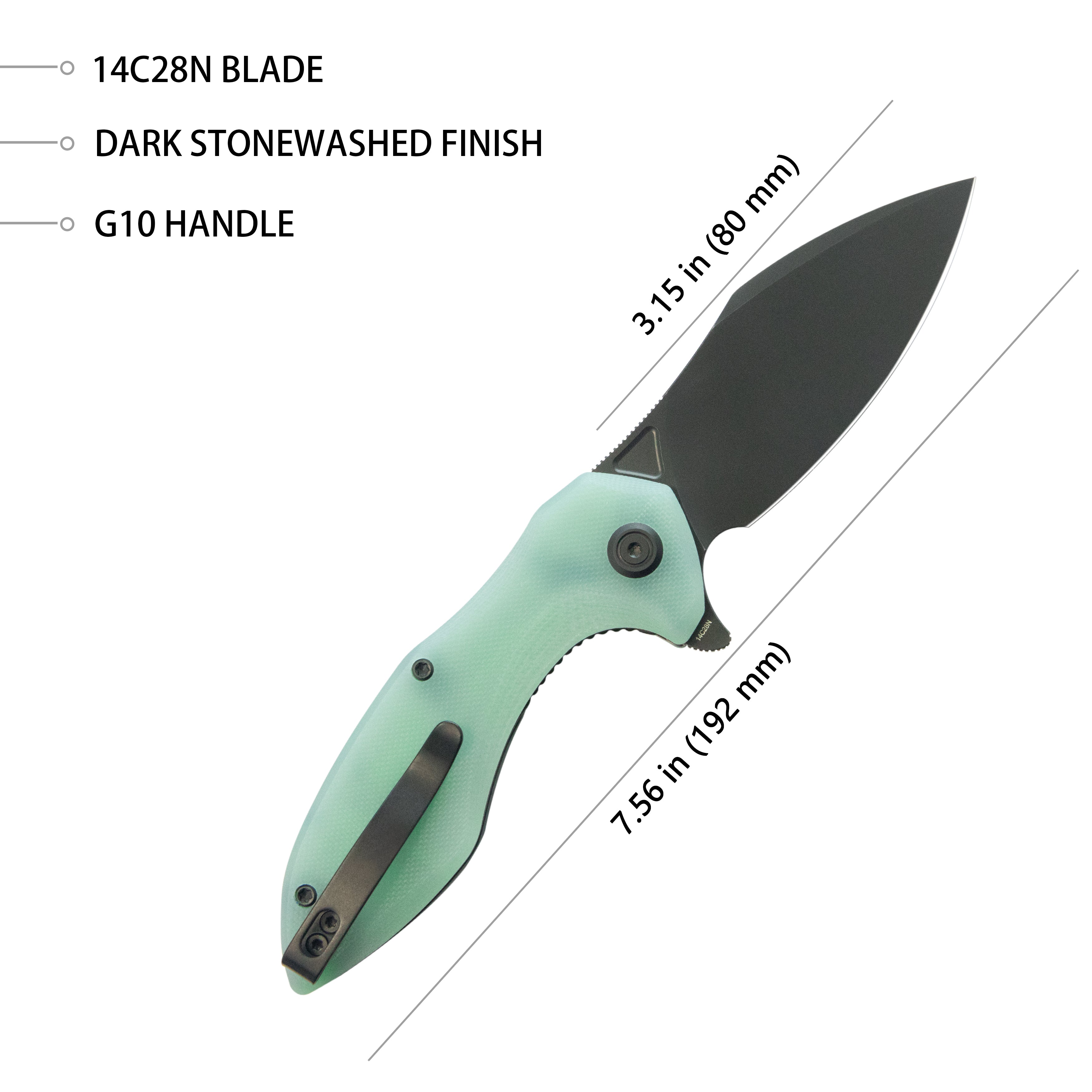 Kubey Noble Flipper Folding Knife Jade G10 Handle 3.15" Blackwash 14C28N KU236Q