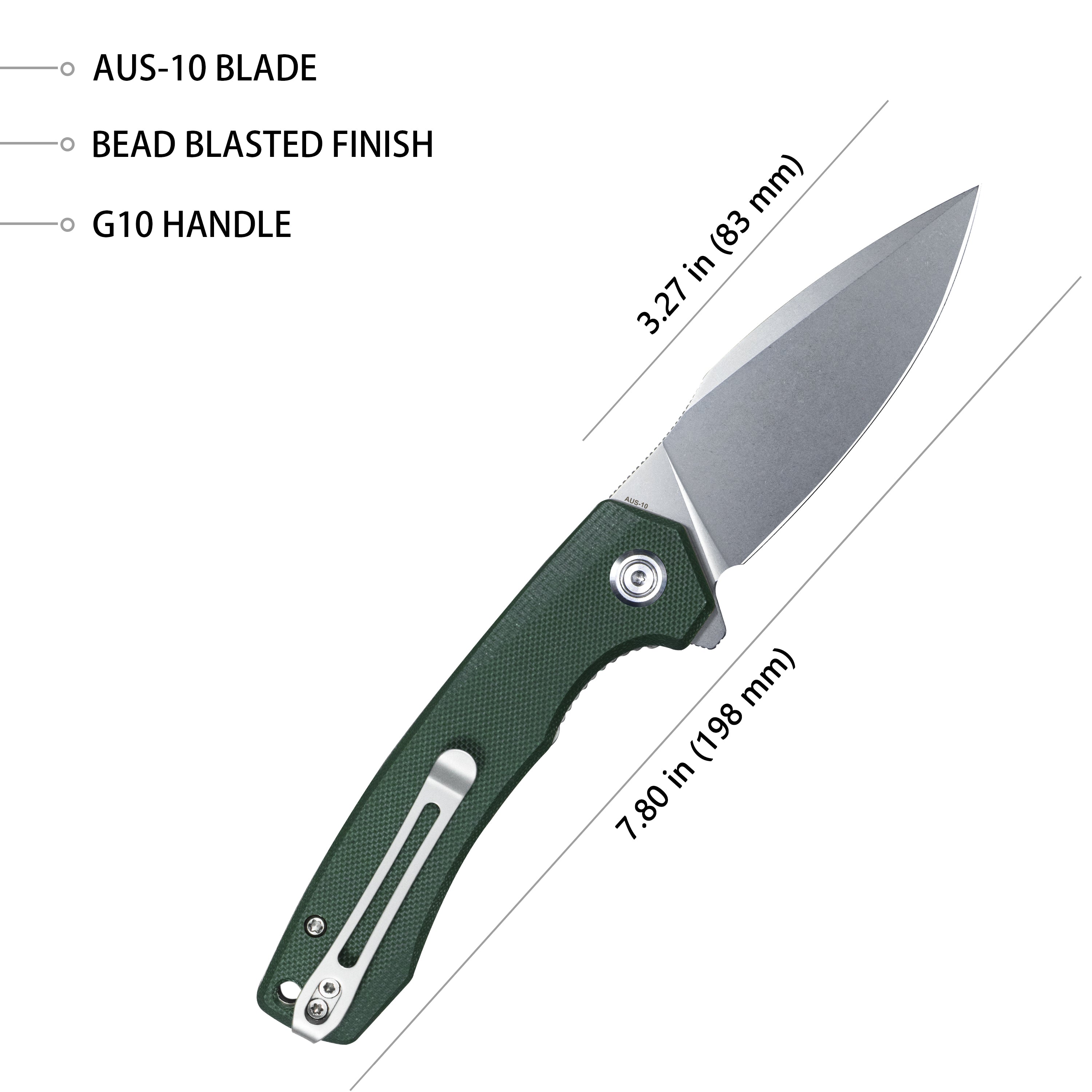Calyce Liner Lock Flipper Folding Knife Green G10 Handle 3.27" Bead Blasted AUS-10 KU901N