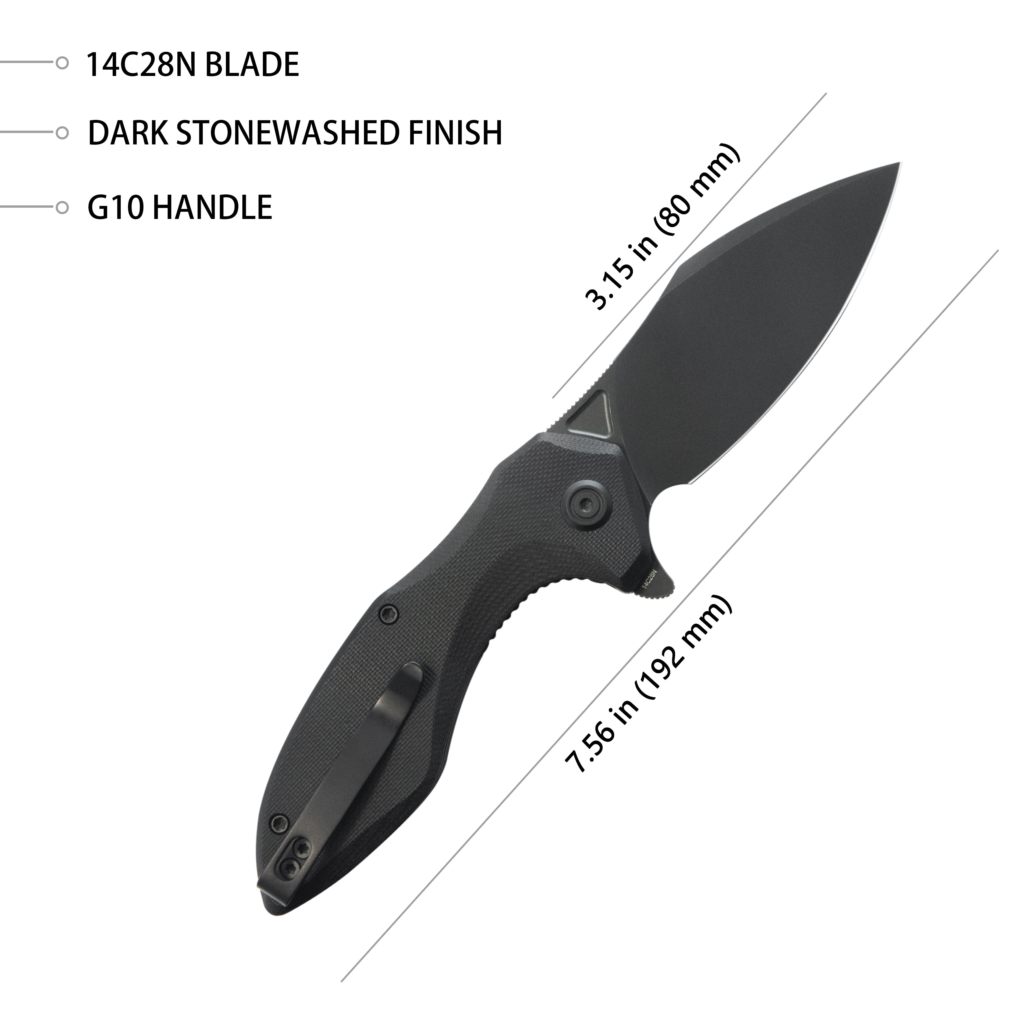 Kubey Noble Flipper Folding Knife Black G10 Handle 3.15" Blackwash 14C28N KU236O