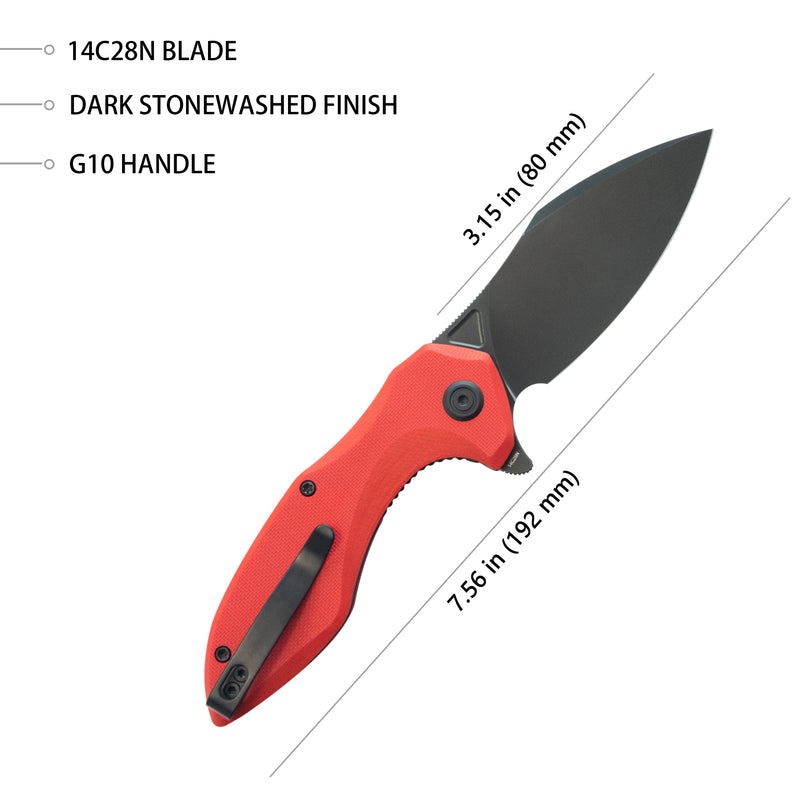 Noble Flipper Folding Knife Red G10 Handle 3.15" Blackwash 14C28N KU236P