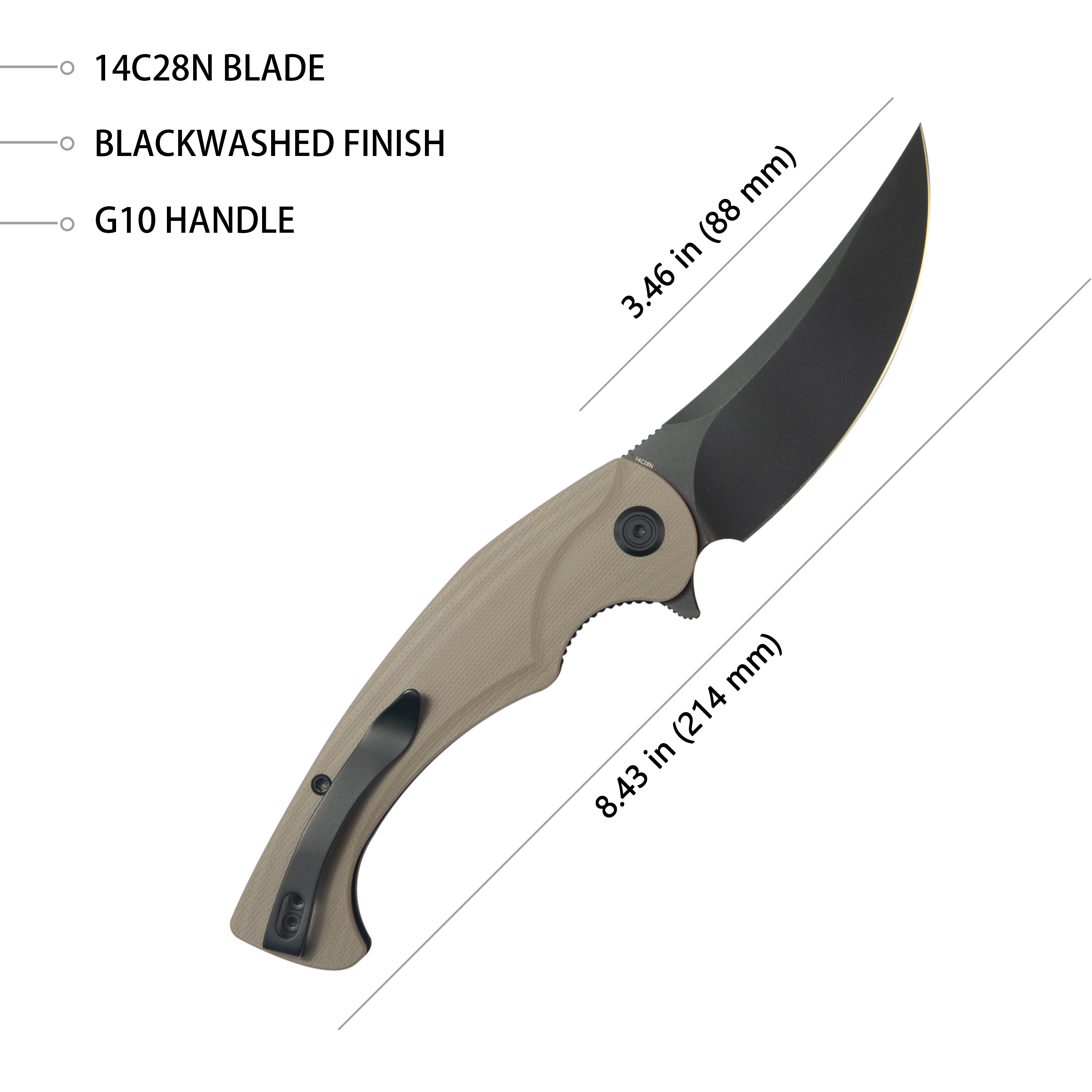 Kubey Scimitar Liner Lock Folding Knife Tan G10 Handle 3.46" Blackwash 14C28N KU173N