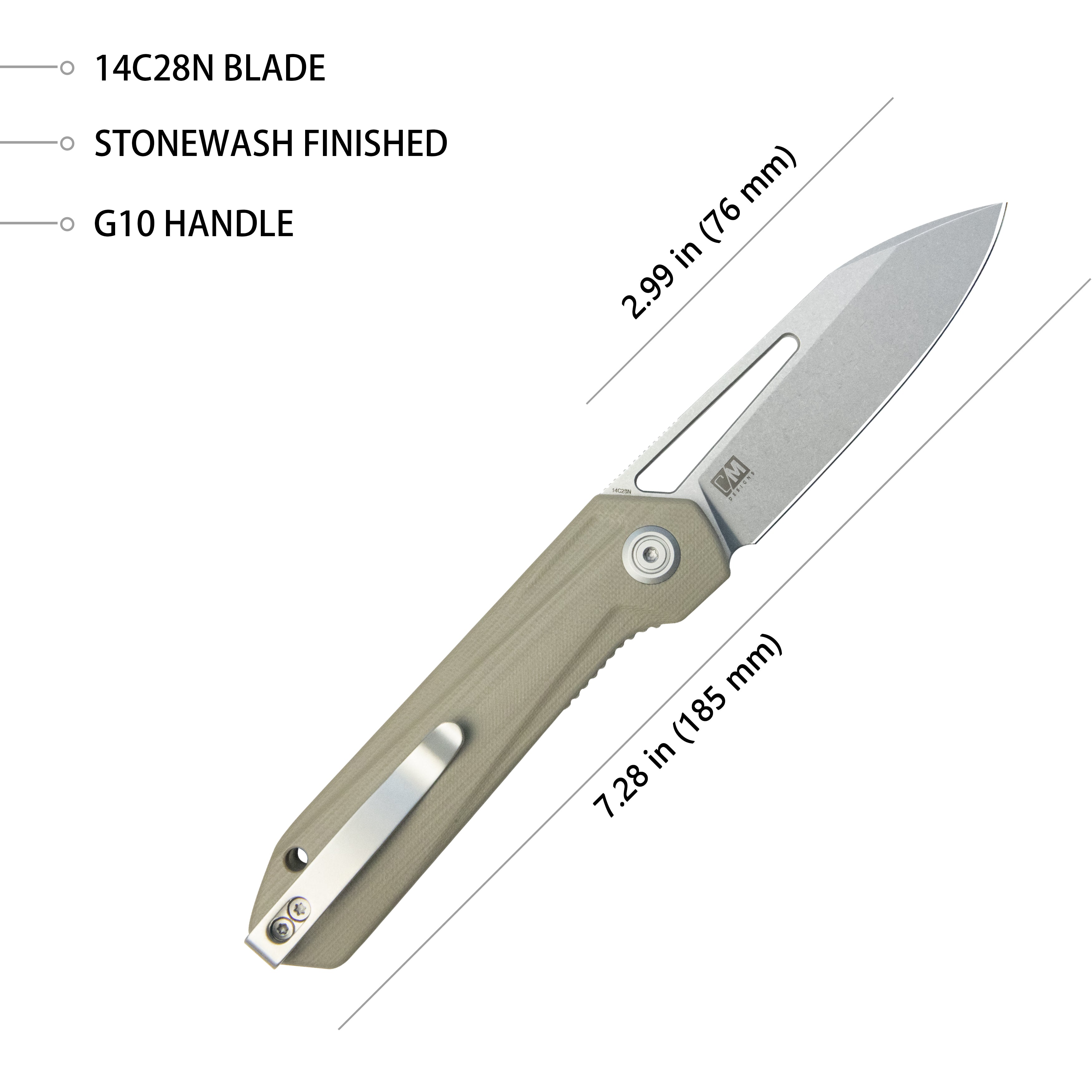 Kubey Royal CM Designs EDC Pocket Knife Front Flipper Tan G10 Handle 2.99" Stonewash 14C28N KU321Q