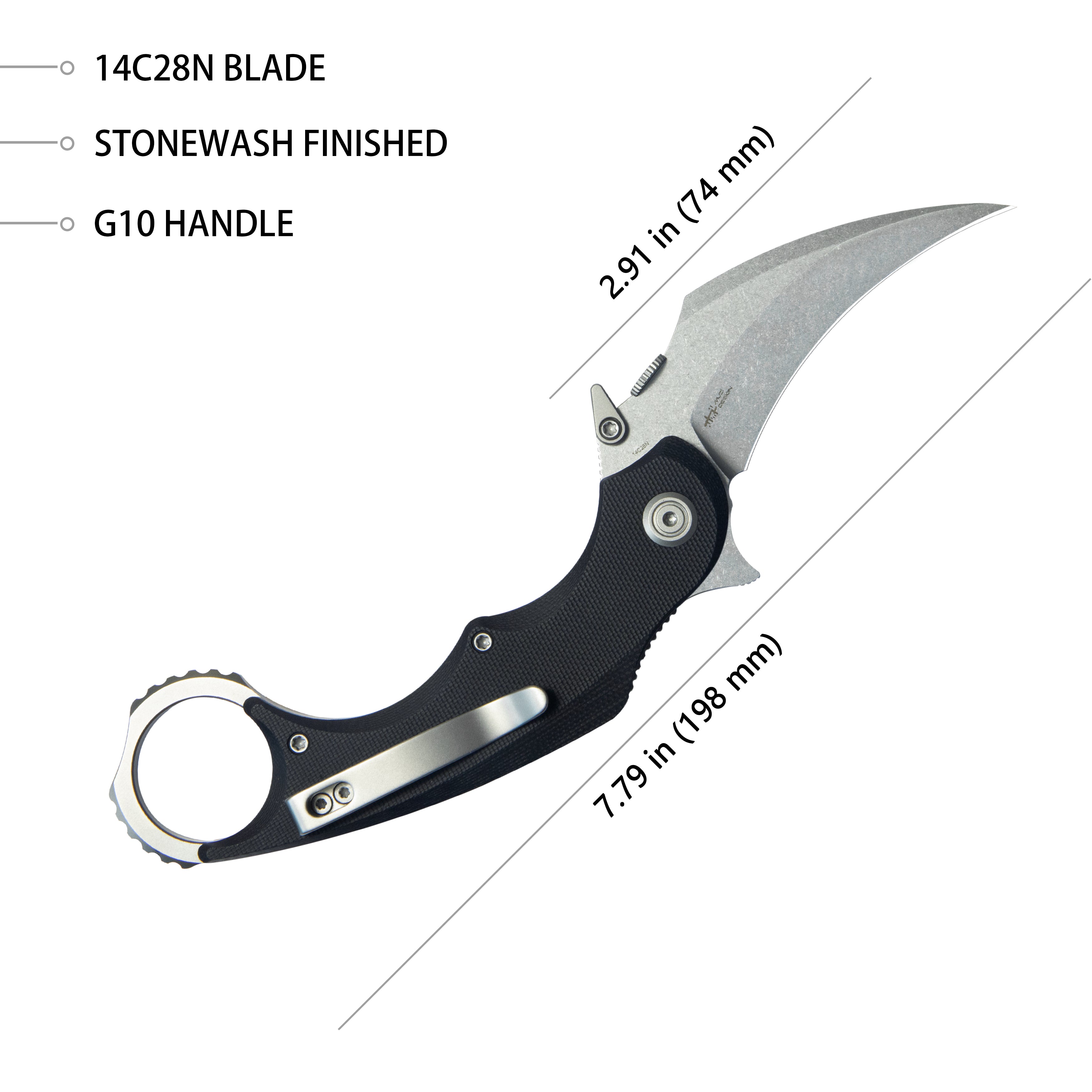 Kubey Rogue Pikal Karambit Folding Knife Black G10 Handle 2.91" Stonewash 14C28N Blade KU298A