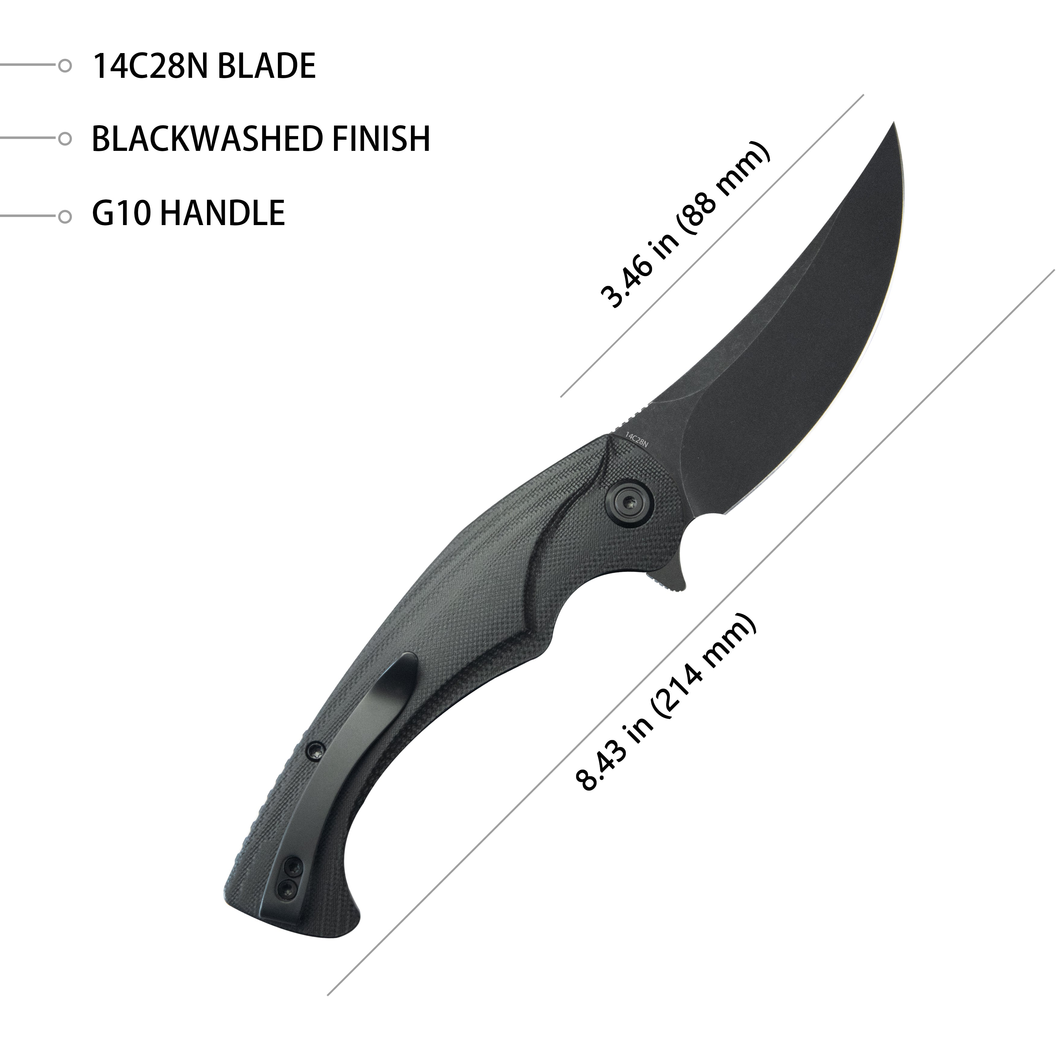 Kubey Scimitar Liner Lock Folding Knife Black G10 Handle 3.46" Blackwash 14C28N KU173L